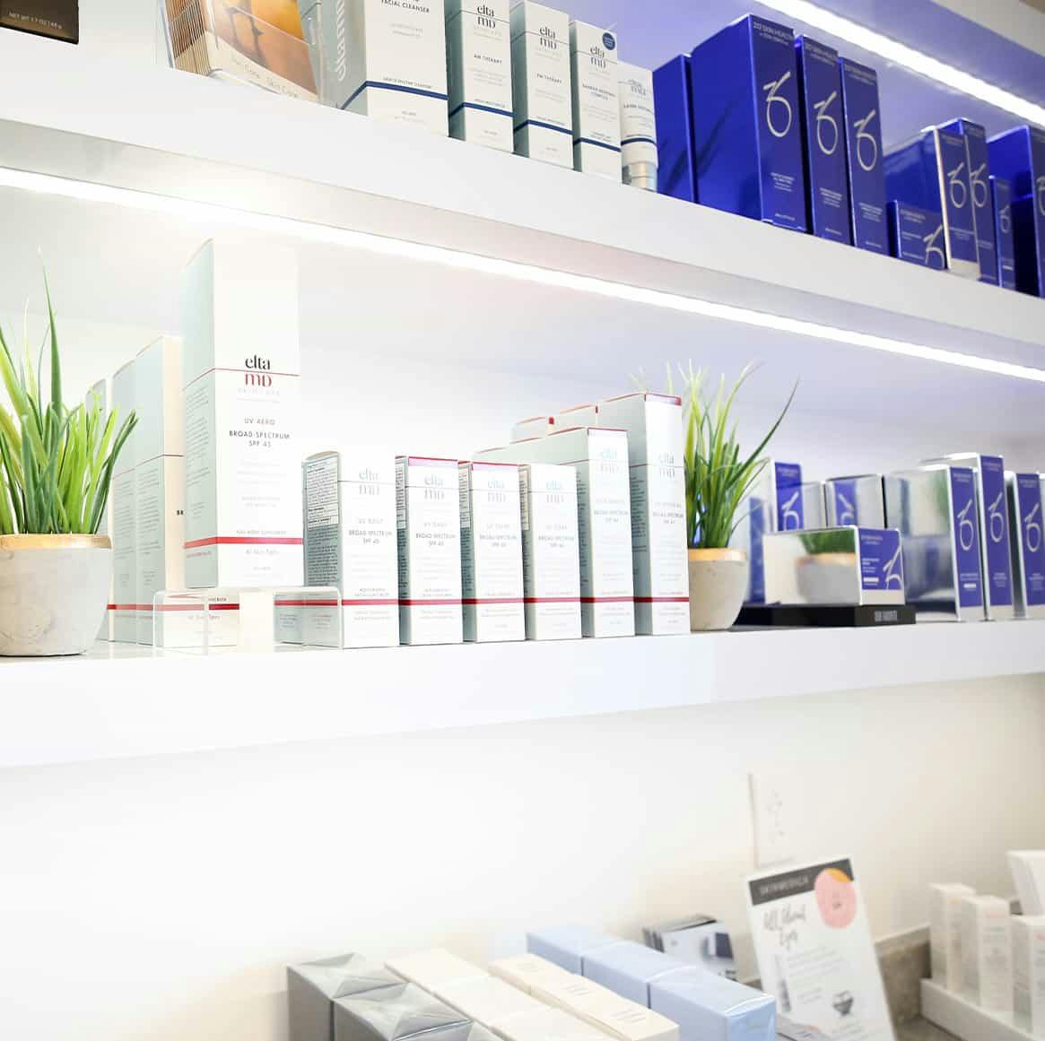 skincare products on a shelf