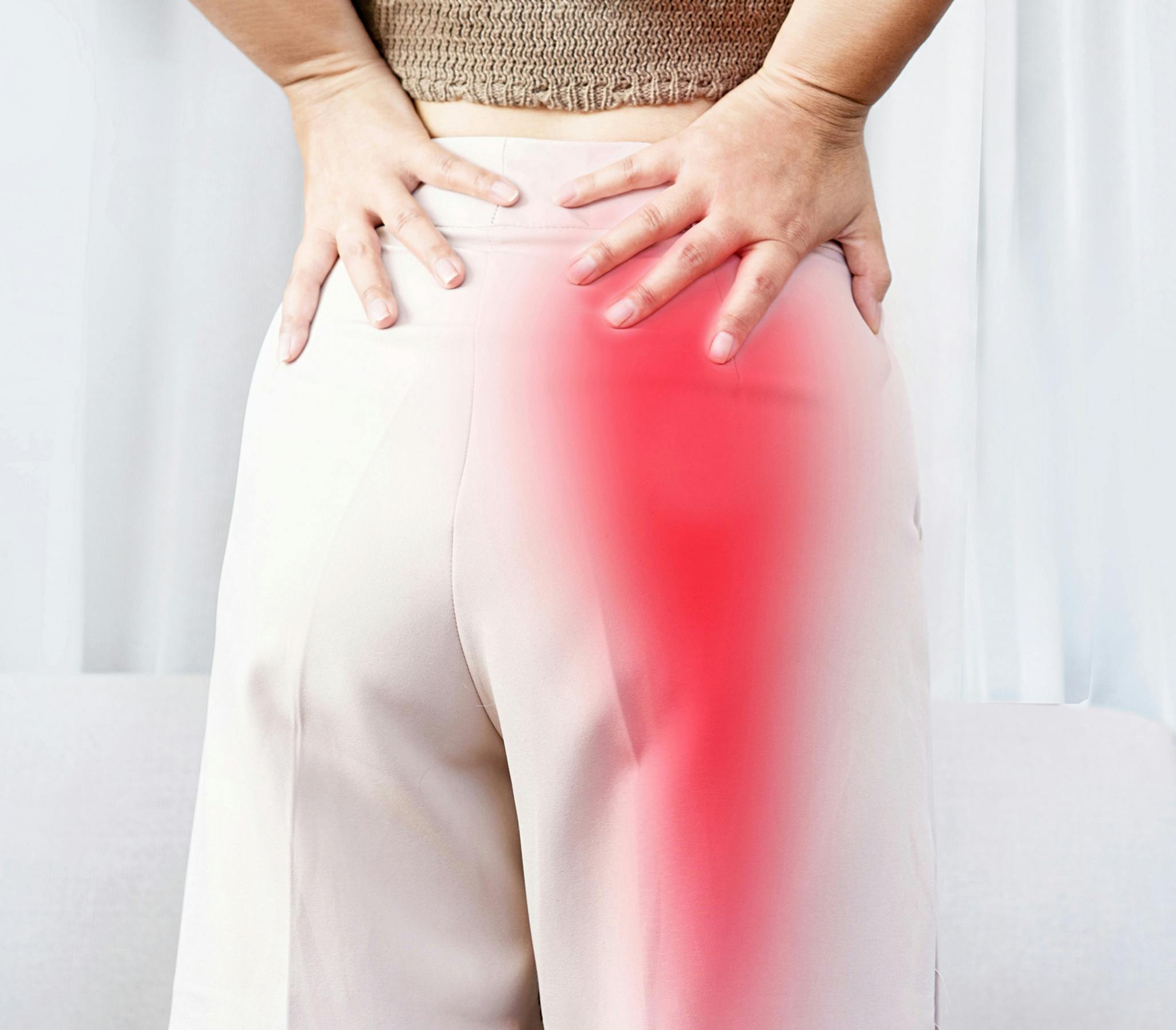 red glow on lady's back thigh to indicate her pain