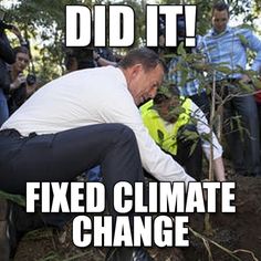 Man planting tree with caption "Did it! fixed climate change"