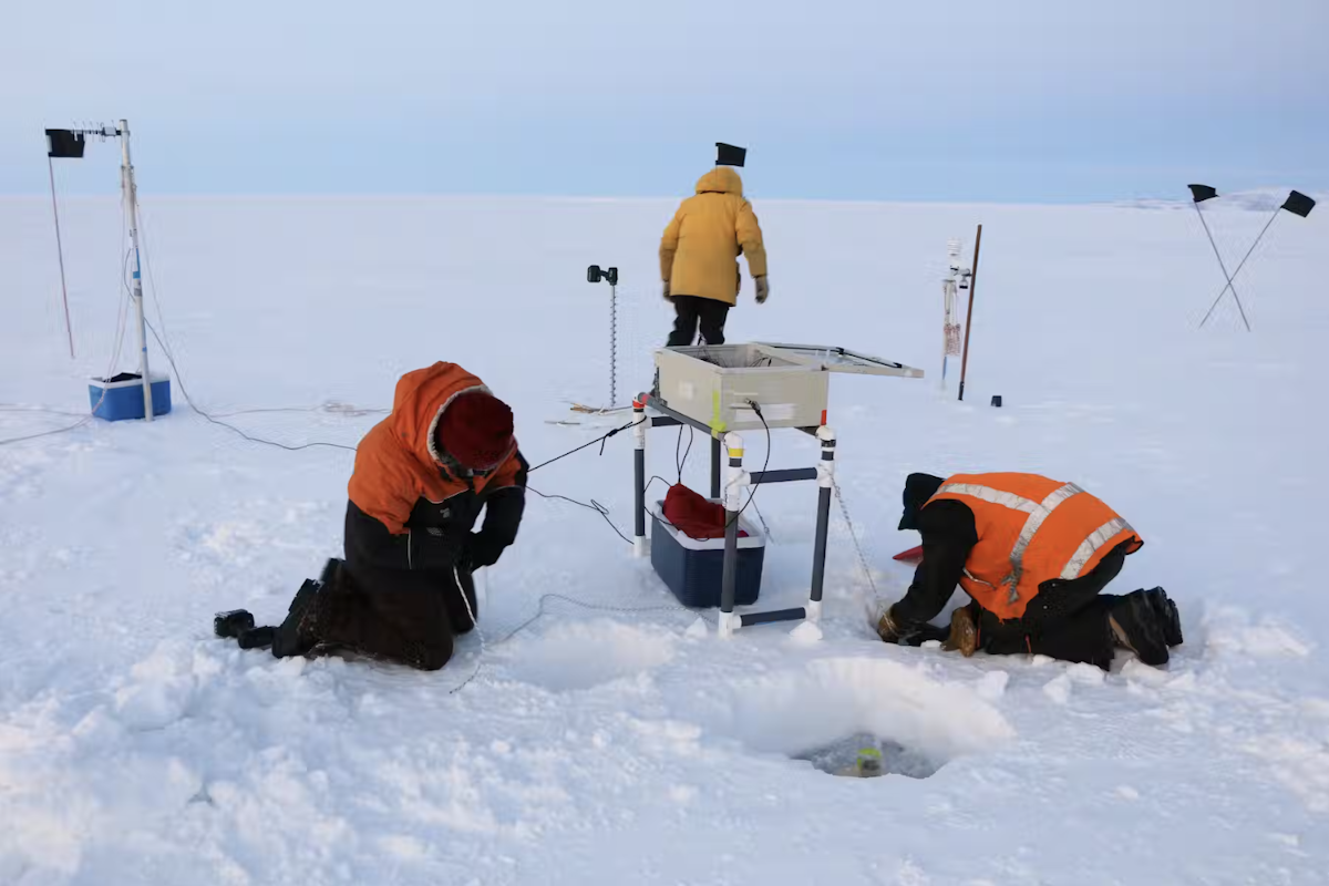 Scott Base staff with monitoring equipment