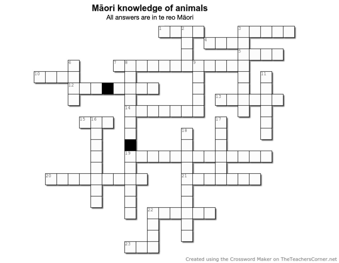 Māori knowledge of animals – crossword puzzles