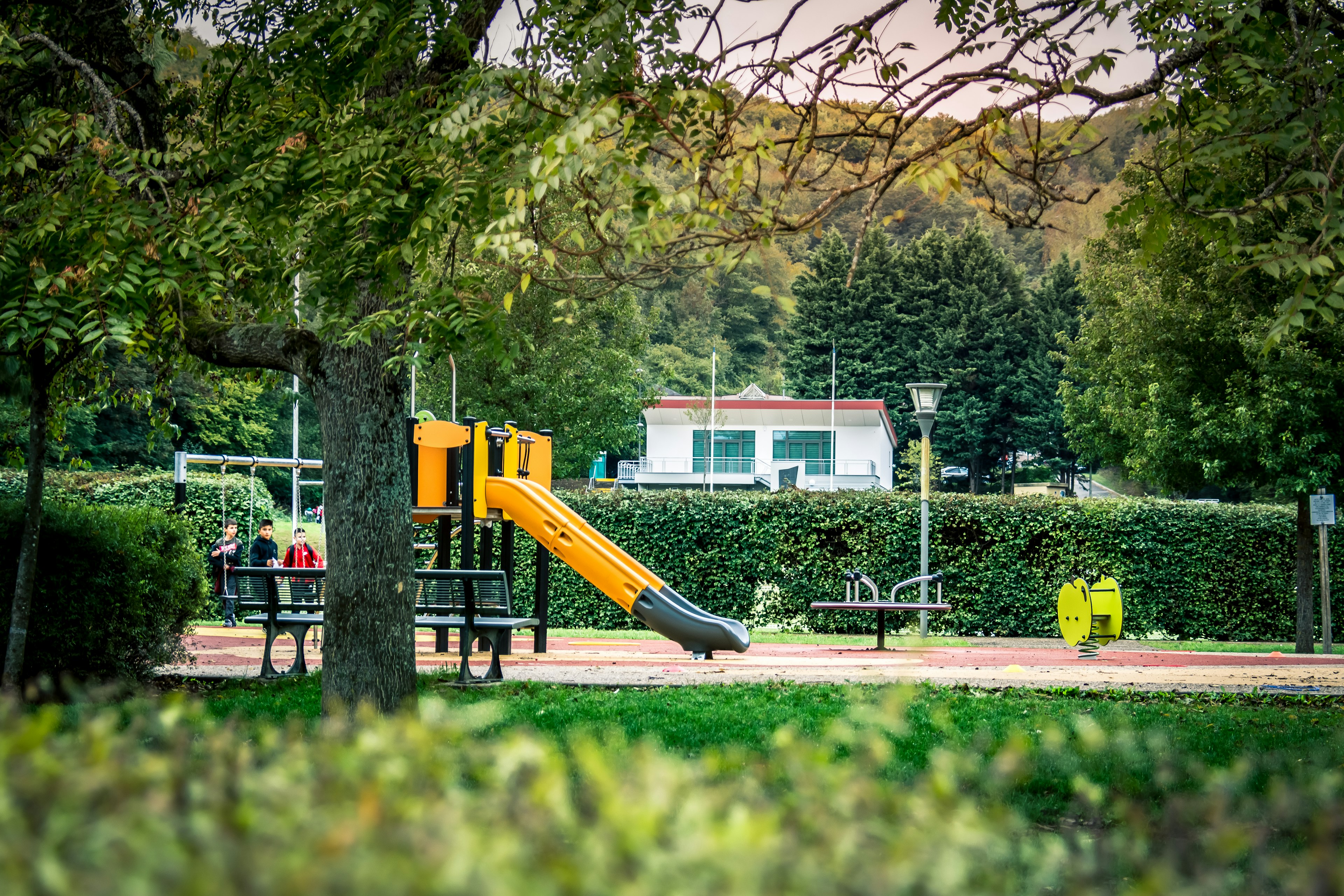 outdoor play area, outdoors, play area, grass, park, plant, person, bench, garden, car