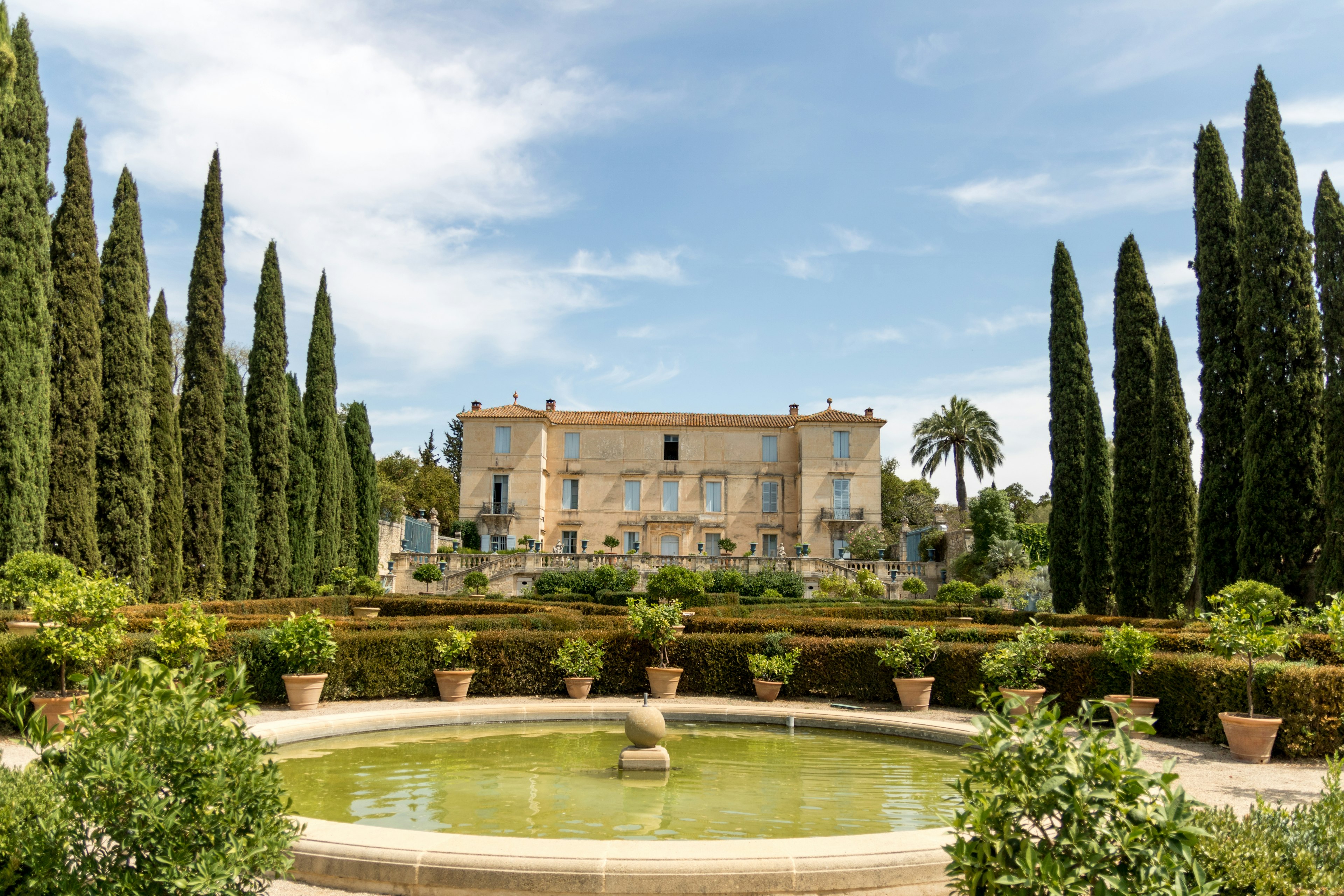 chateau de flaugergues, montpellier, palace, garden, fountain, architecture, castle, building, cathedral, park, europe, landmark, spain, tower, church, travel, city, old, tourism, sky, ancient, house, history, france, monastery, medieval, monument, historic, fir, plant, tree, villa, nature, outdoors, conifer, grass, person
