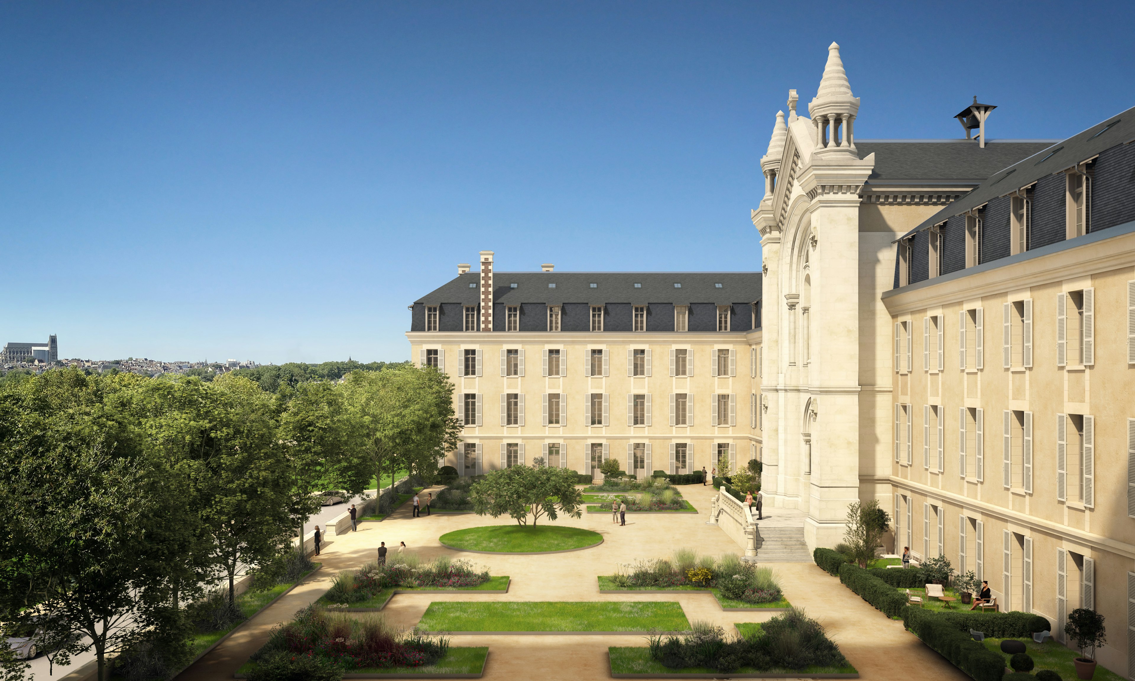 architecture, building, campus, college, person, city, grass, plant, urban