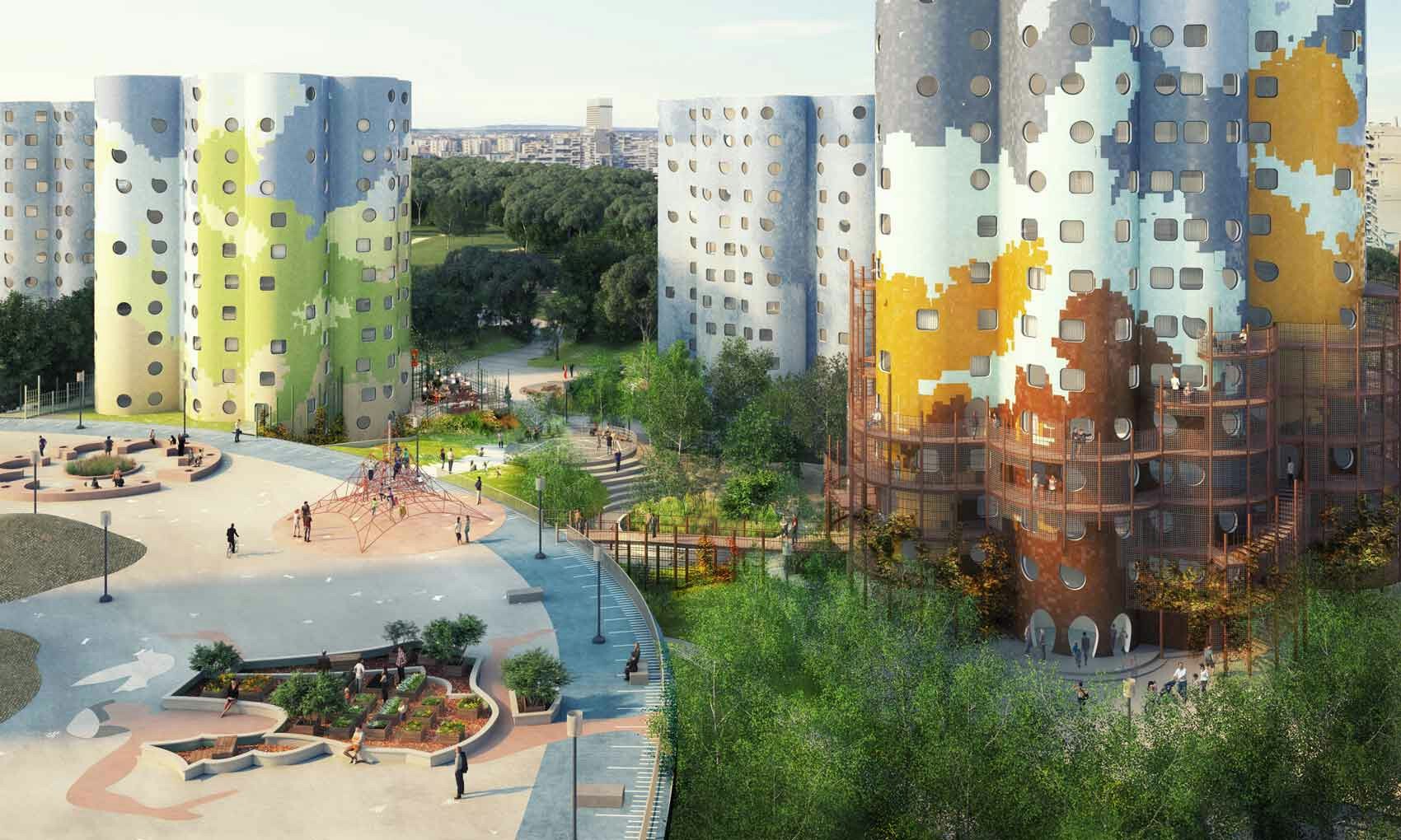 city, urban, architecture, building, high rise, nature, outdoors, park, plant, person