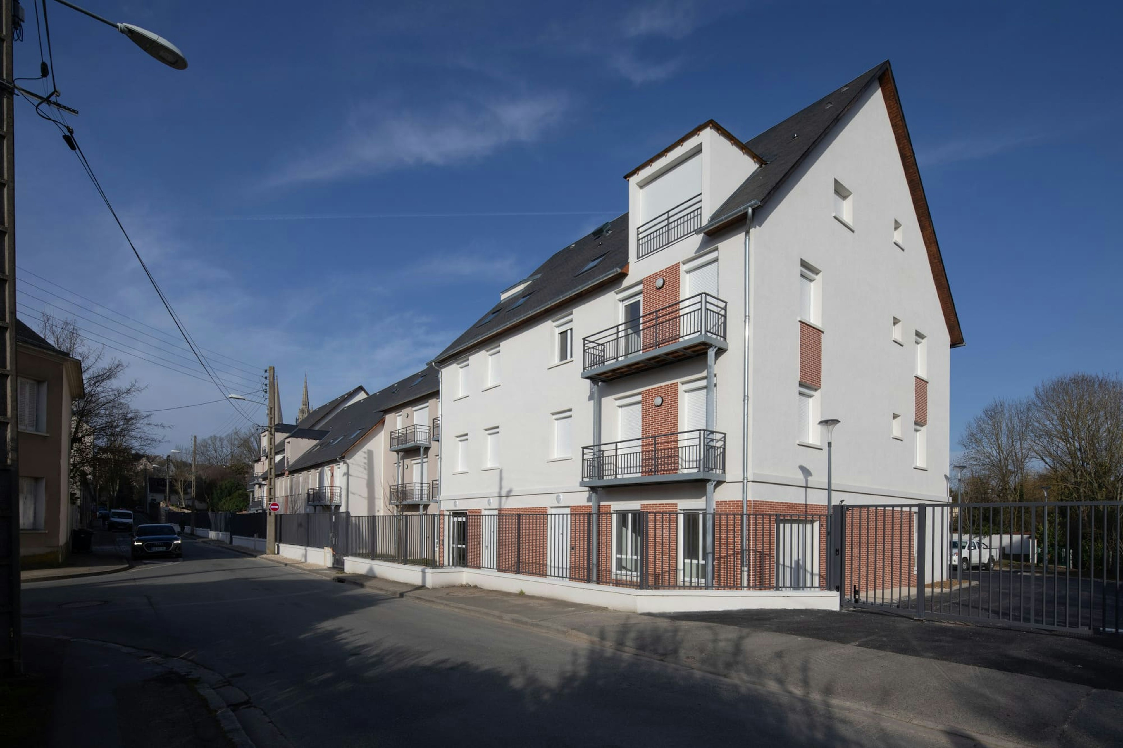 city, road, street, urban, building, housing, suburb, house, row house, car