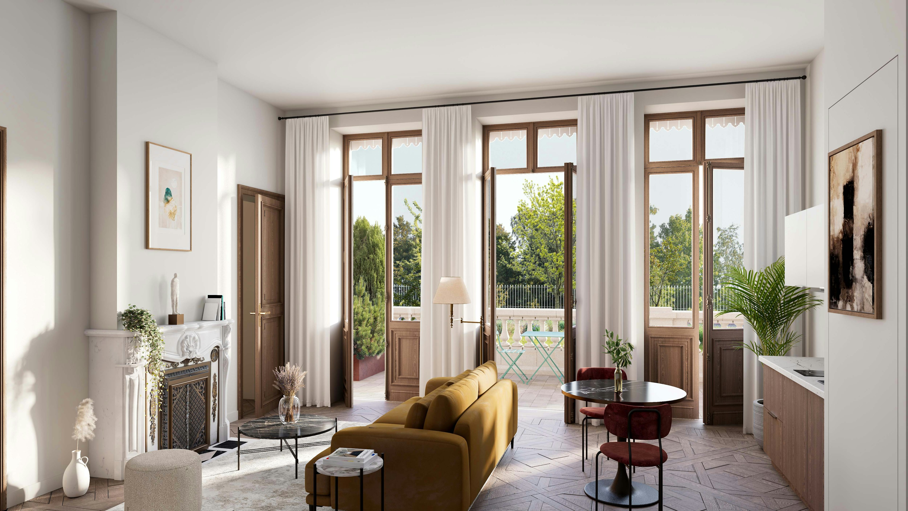 french window, window, indoors, living room, room, interior design, painting, chair, home decor, door