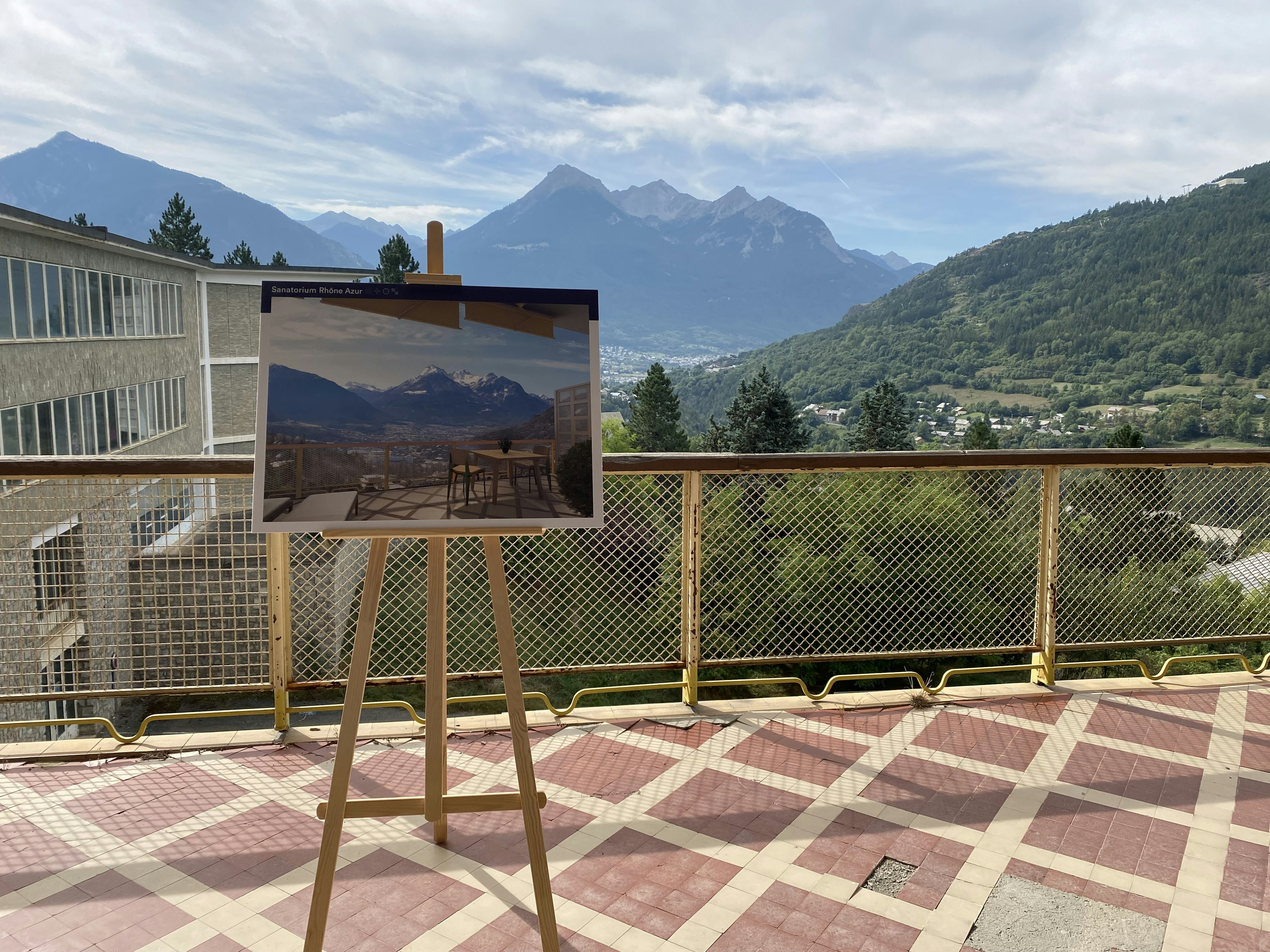 railing, path, walkway, outdoors, scenery, handrail, screen, computer hardware, monitor, flagstone