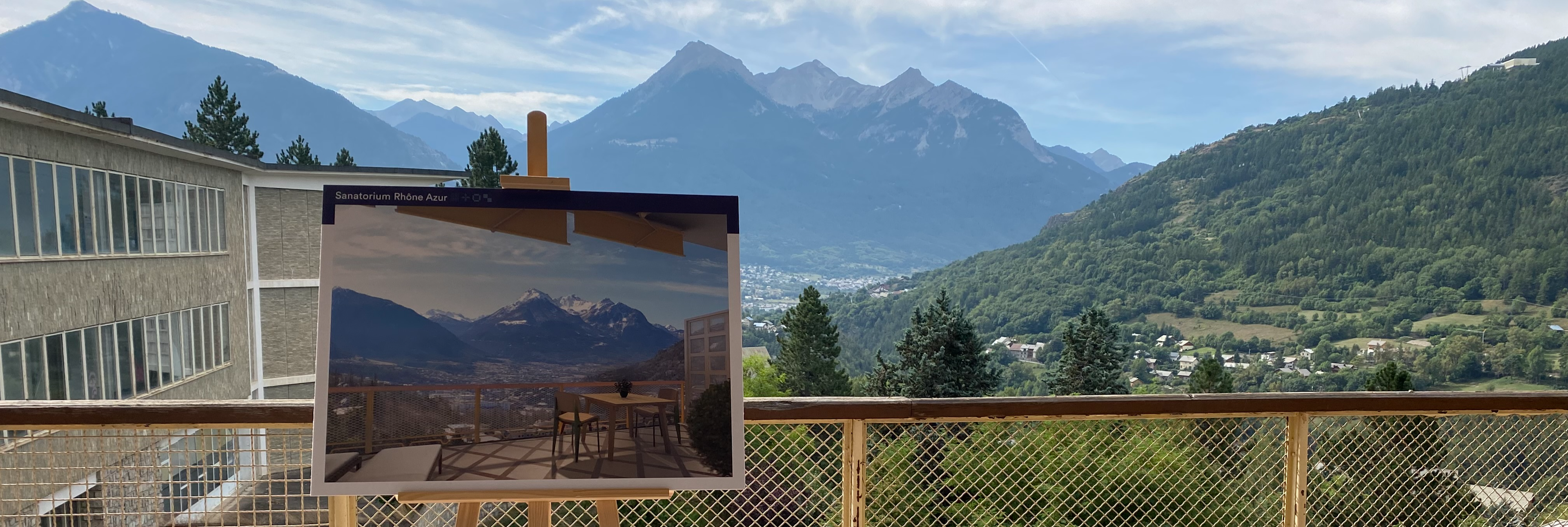 nature, outdoors, scenery, tree, fir, shelter, mountain range, chair, peak, railing