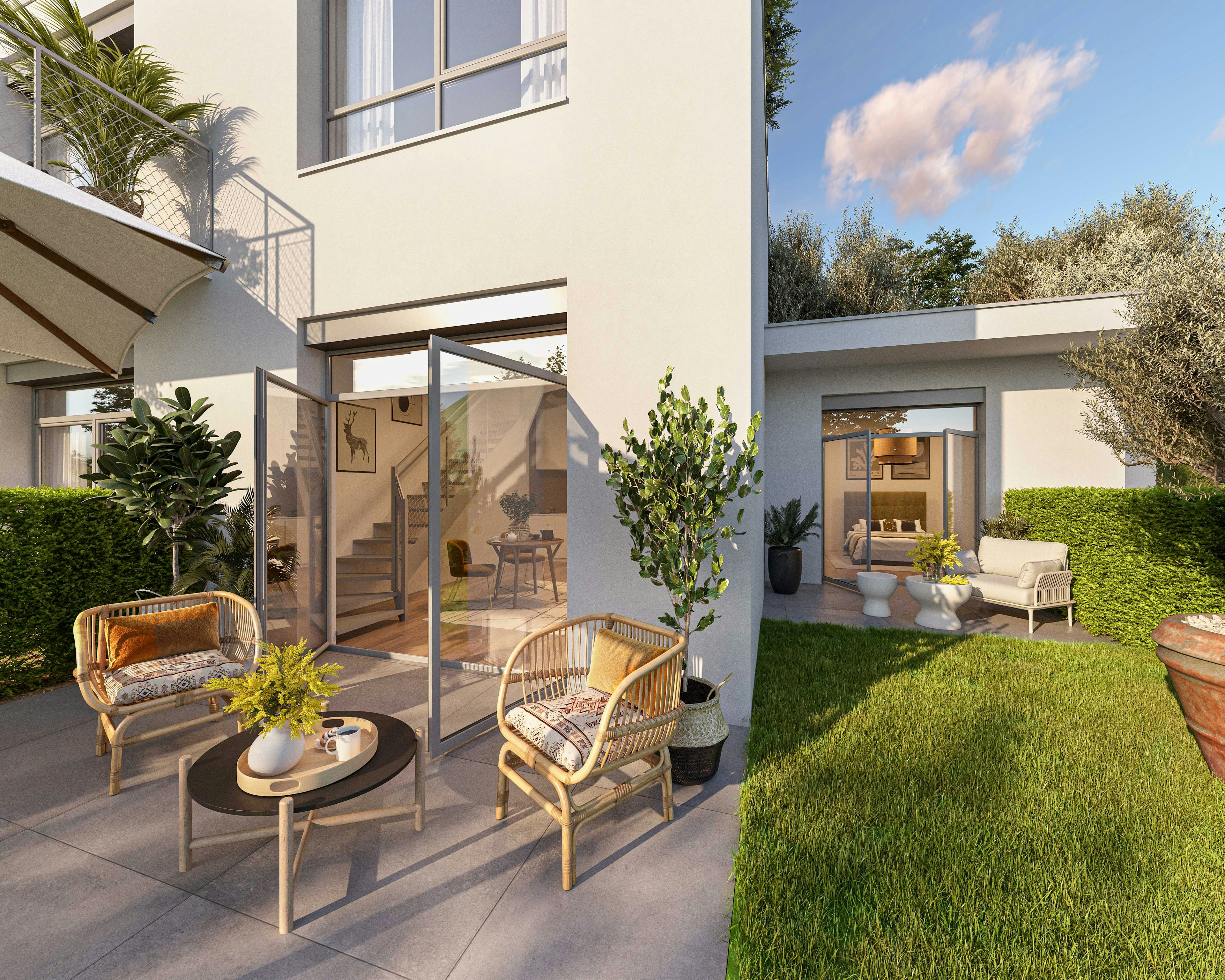 backyard, grass, plant, desk, chair, house, housing, villa, patio, door