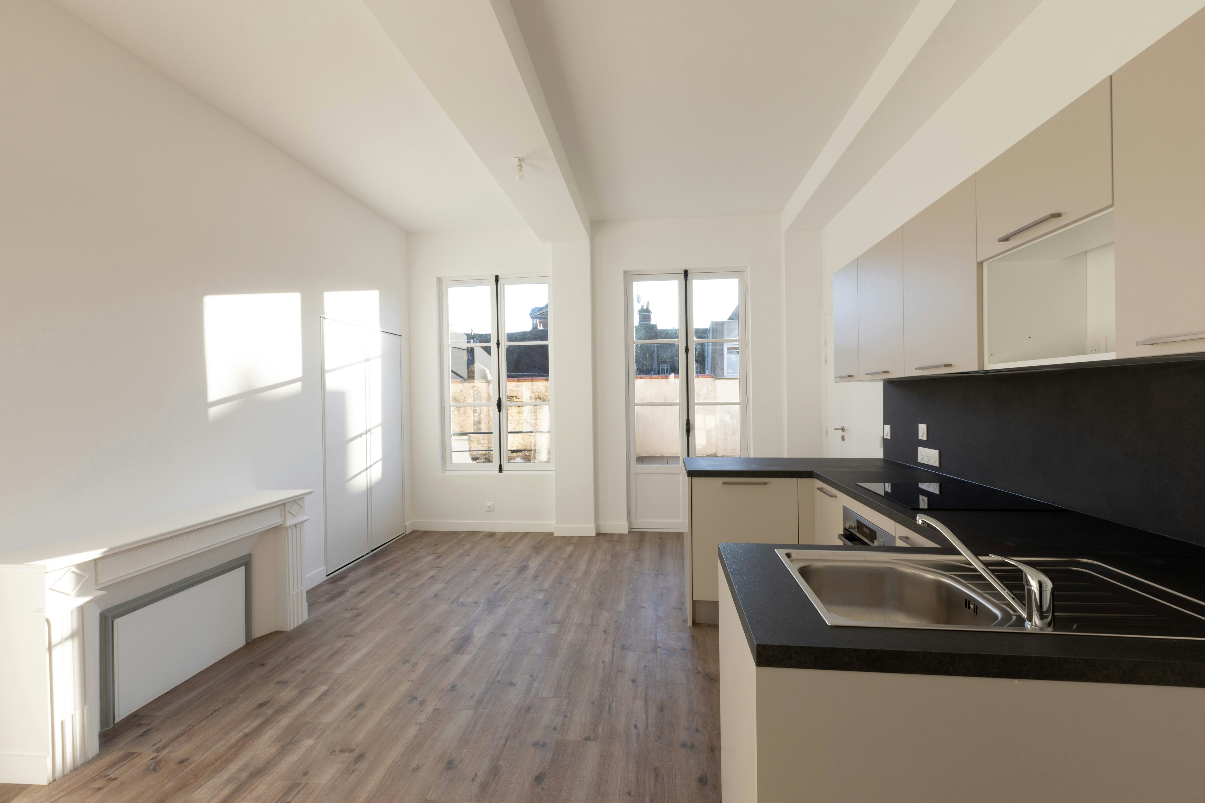 indoors, interior design, floor, flooring, sink, wood, kitchen, architecture, building, housing