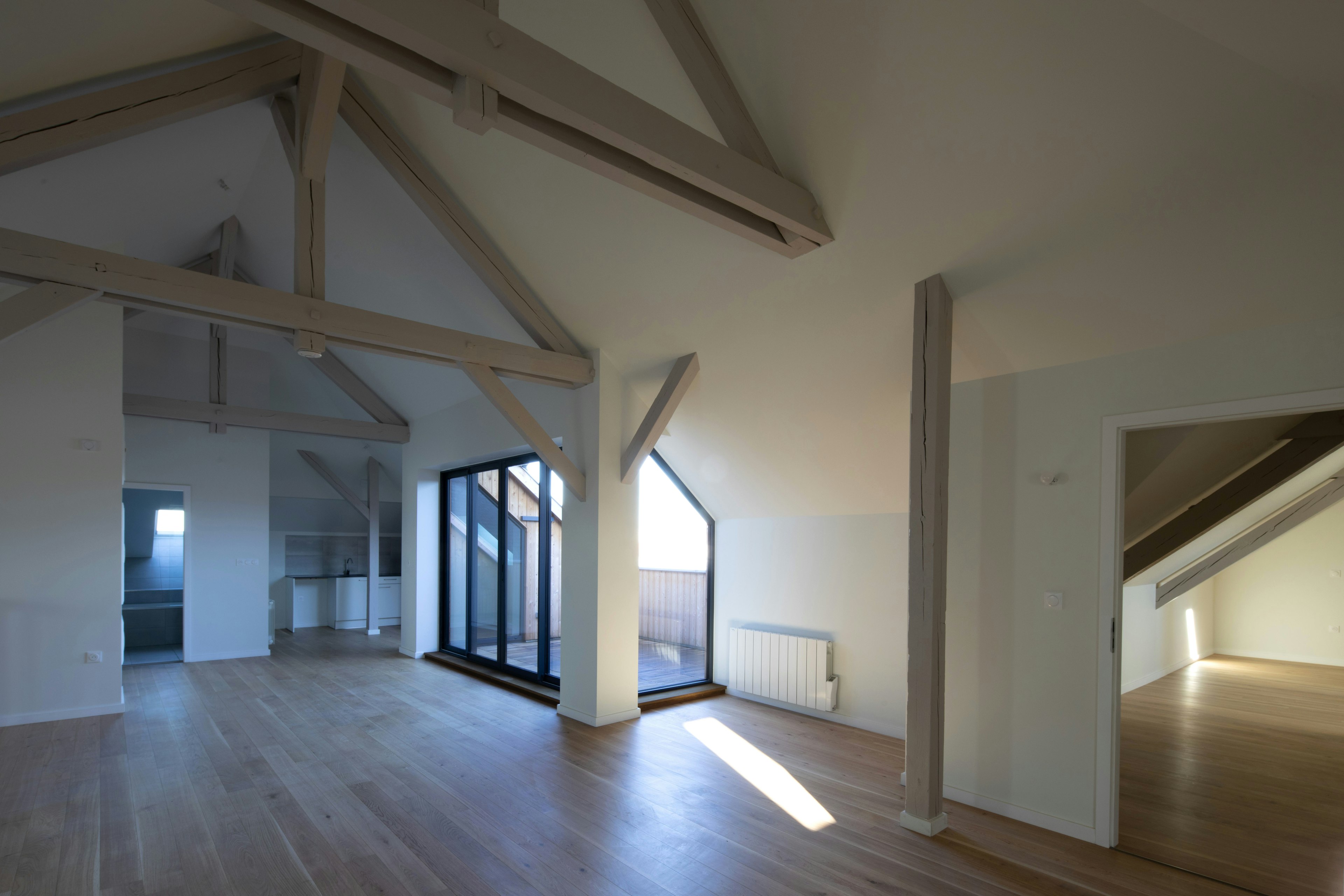 house, housing, indoors, loft, floor, flooring, penthouse, attic, door, wood