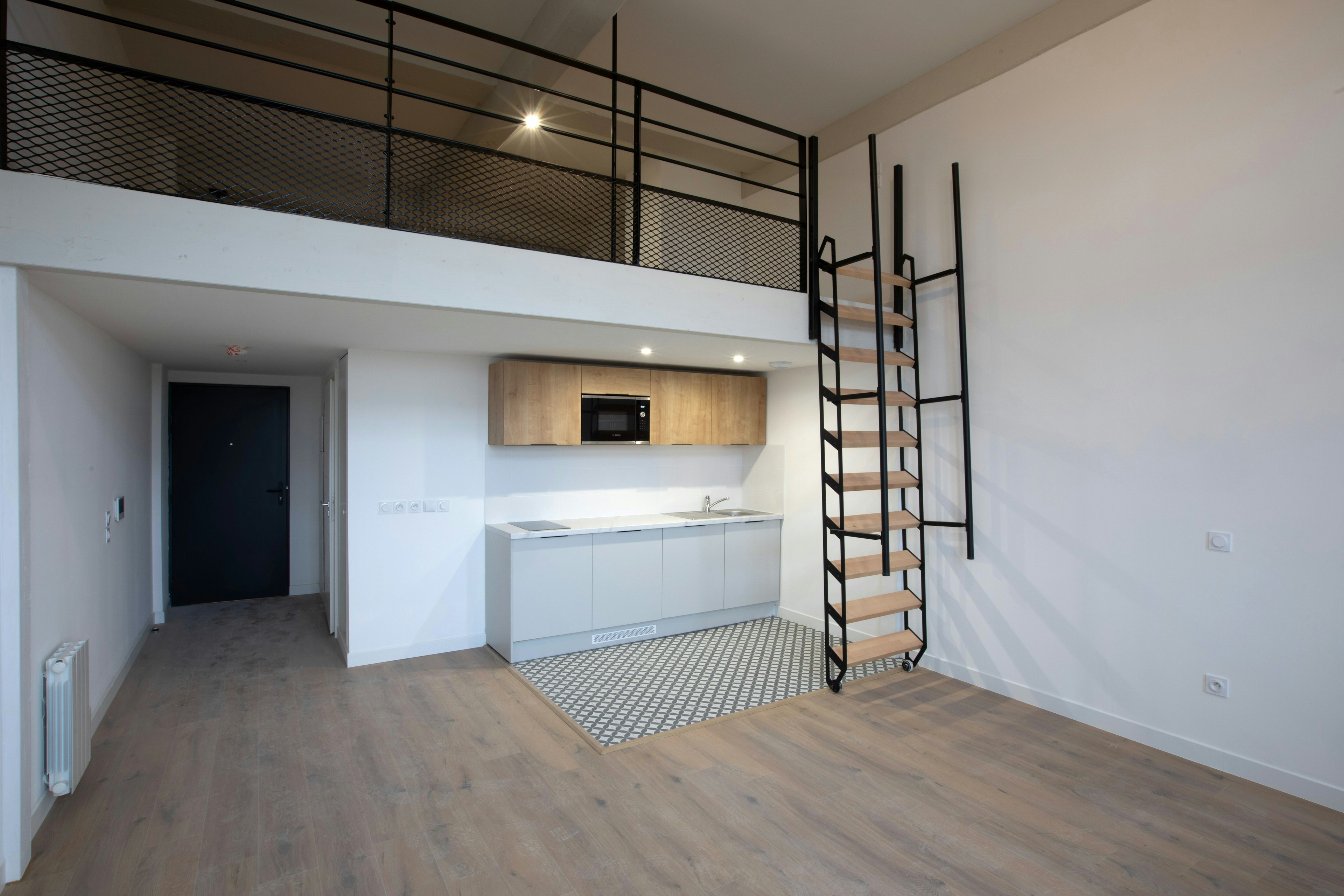 house, housing, indoors, loft, interior design, staircase, microwave, home decor, floor, rug