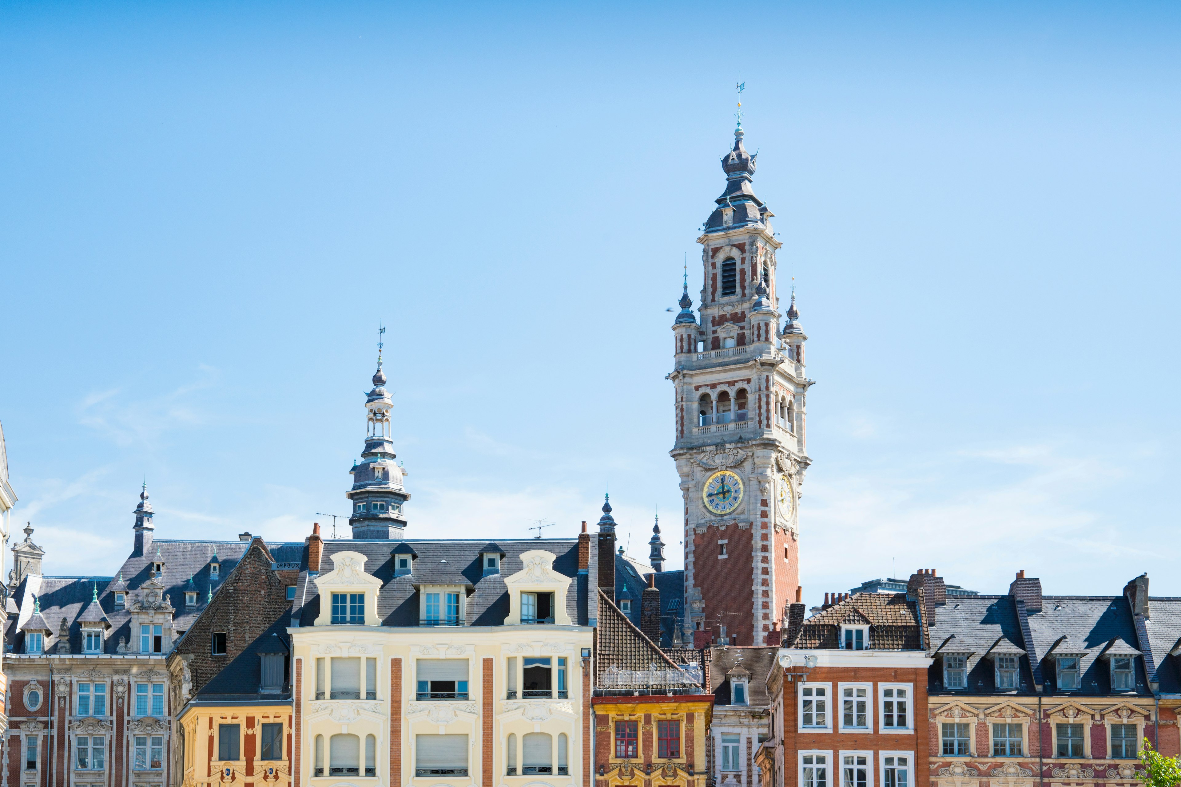 chamber of commerce, france, lille, rijsel, blue sky, buildings, church, cityscape, clock, detail, la grand palace, mail square, roofs, sunny, tower, town squere, view, weather cock, windows, architecture, building, clock tower, city