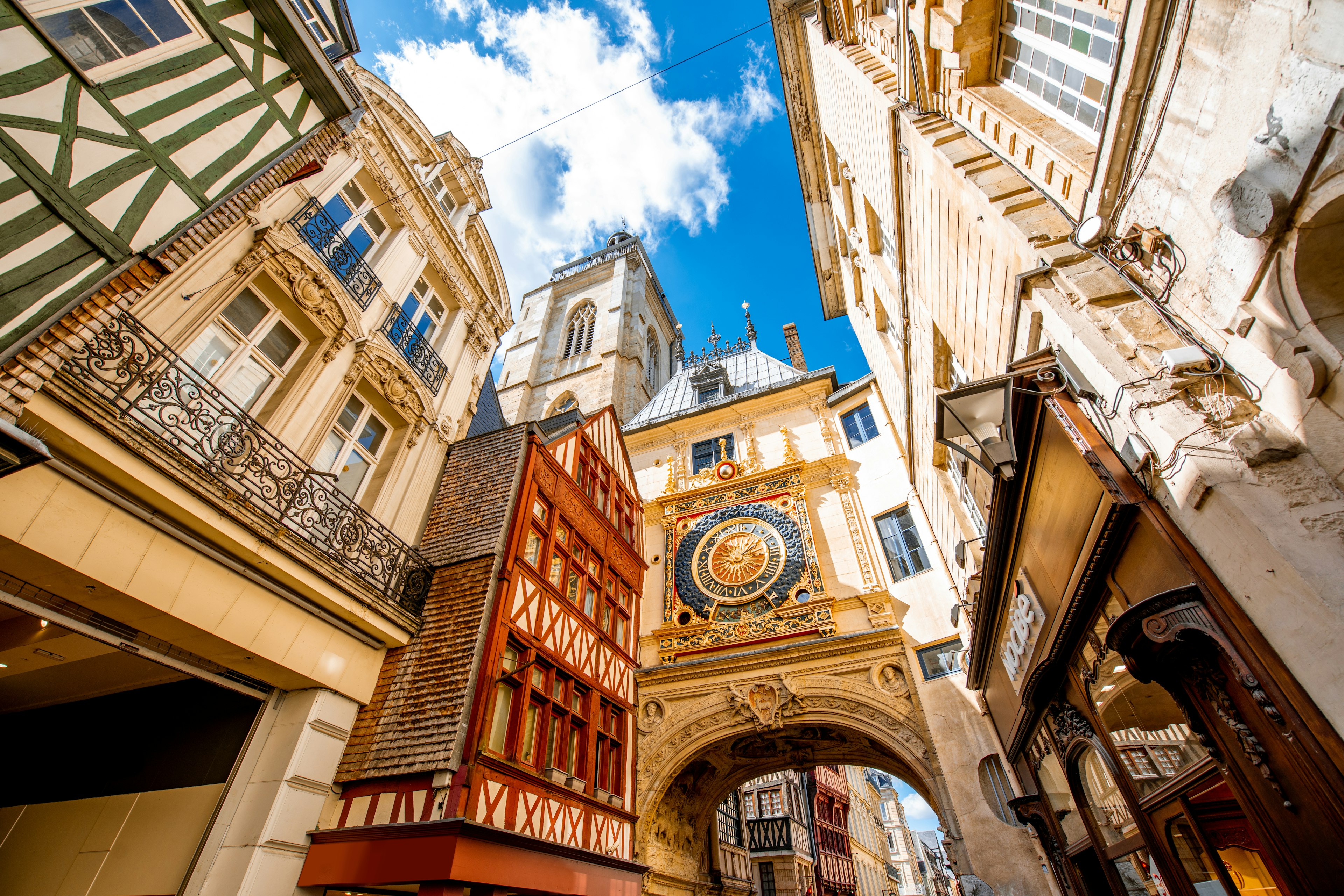 rouen, france, clock, normandy, astronomical, old, street, architecture, city, europe, landmark, tower, medieval, horloge, travel, building, tourism, ancient, history, european, town, famous, historical, house, culture, urban, traditional, french, destination, facade, great-clock, exterior, gros-horloge, clock tower, arch