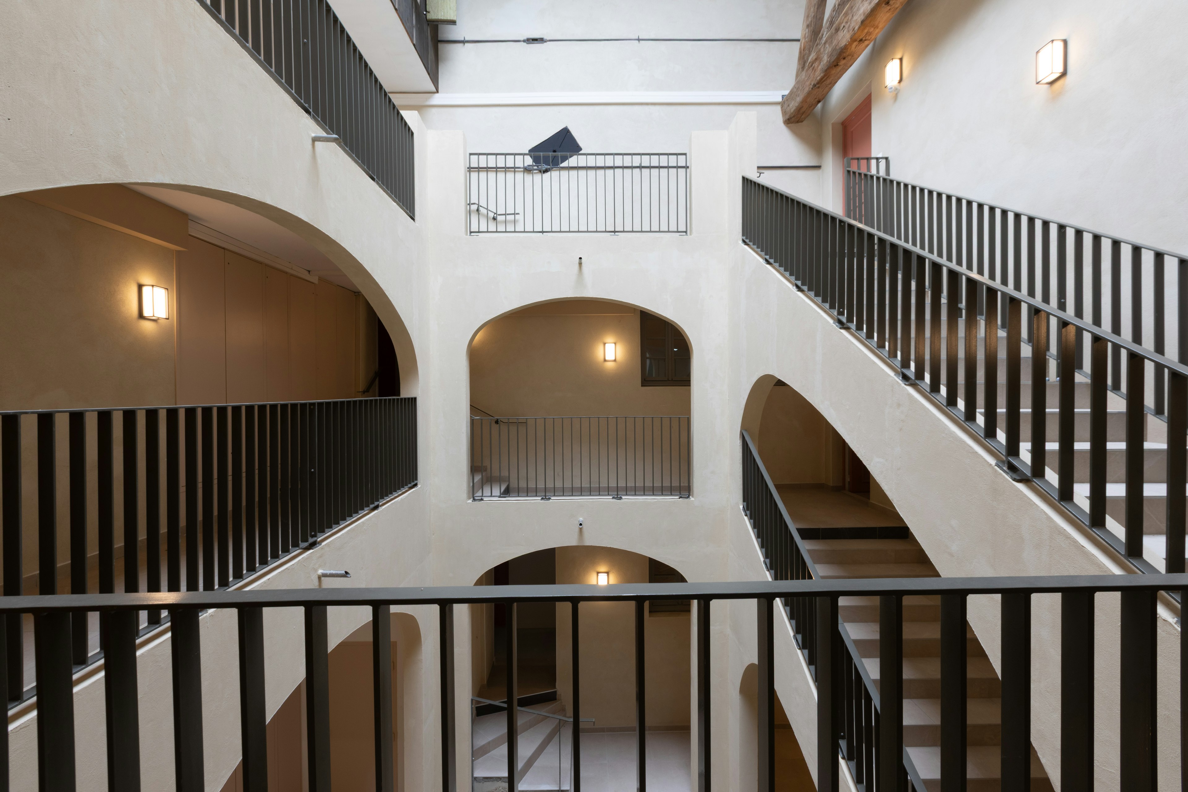 architecture, building, house, housing, staircase, handrail, lamp, railing