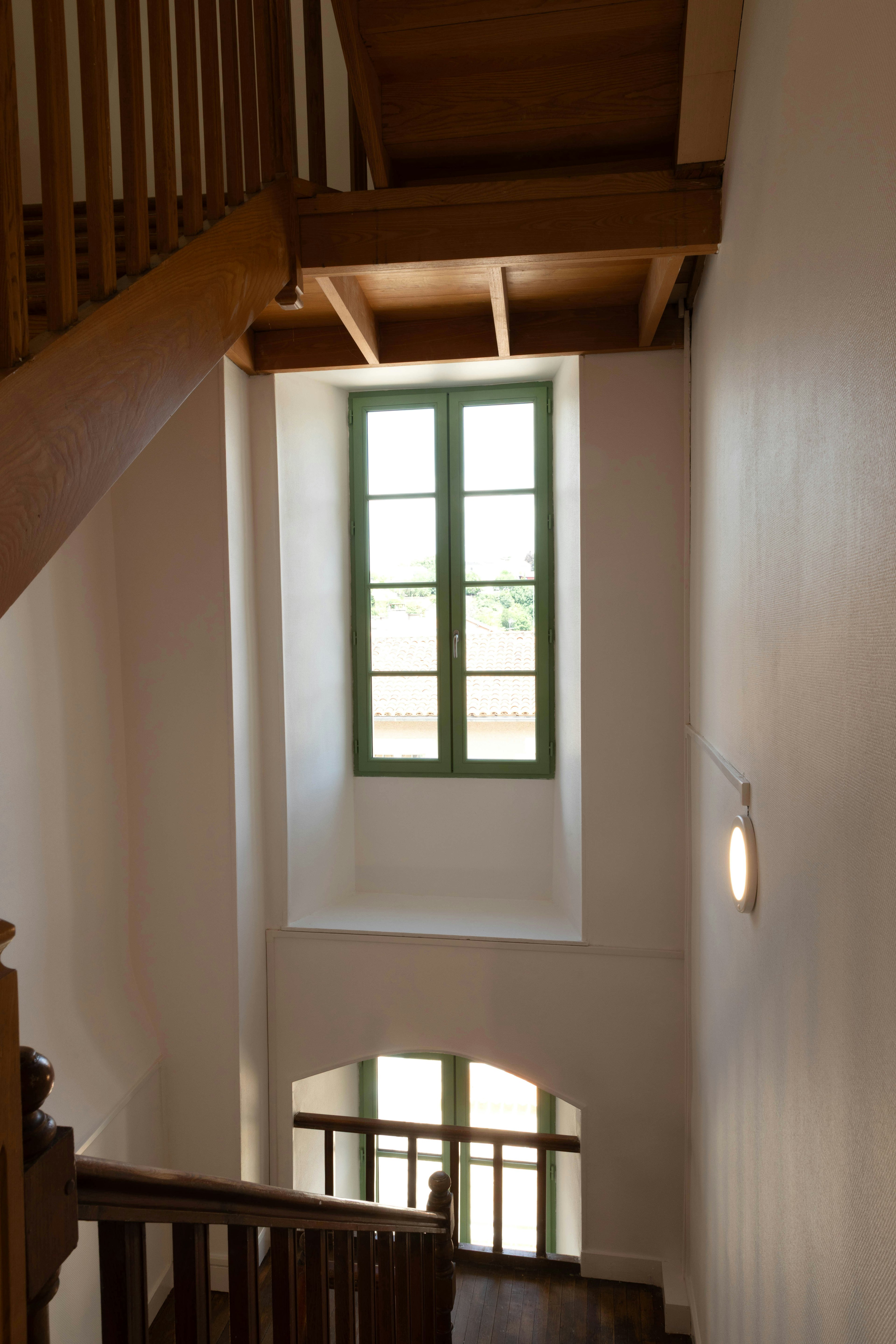 building, house, housing, staircase, indoors, loft, room, lamp, person, window