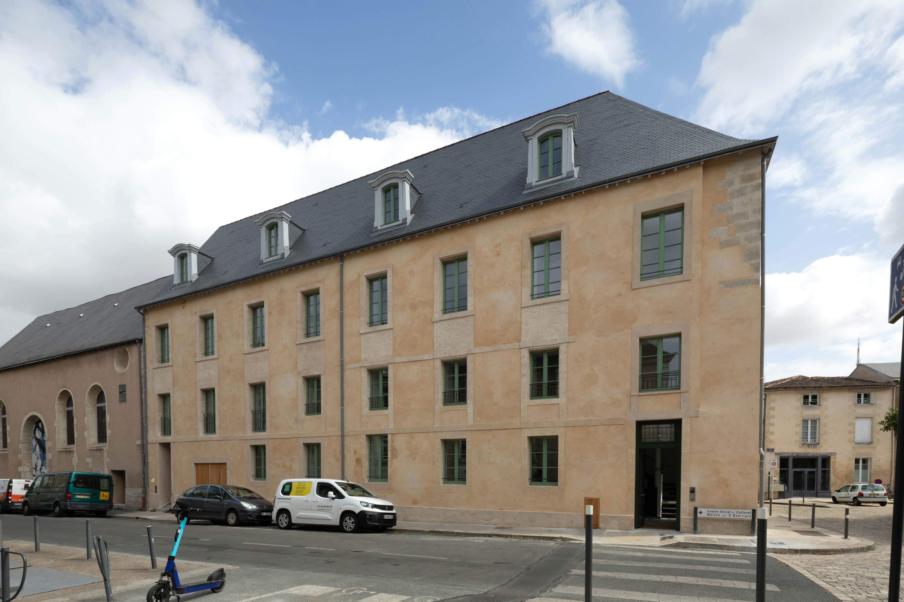 city, building, office building, car, vehicle, street, urban, condo, bicycle, high rise