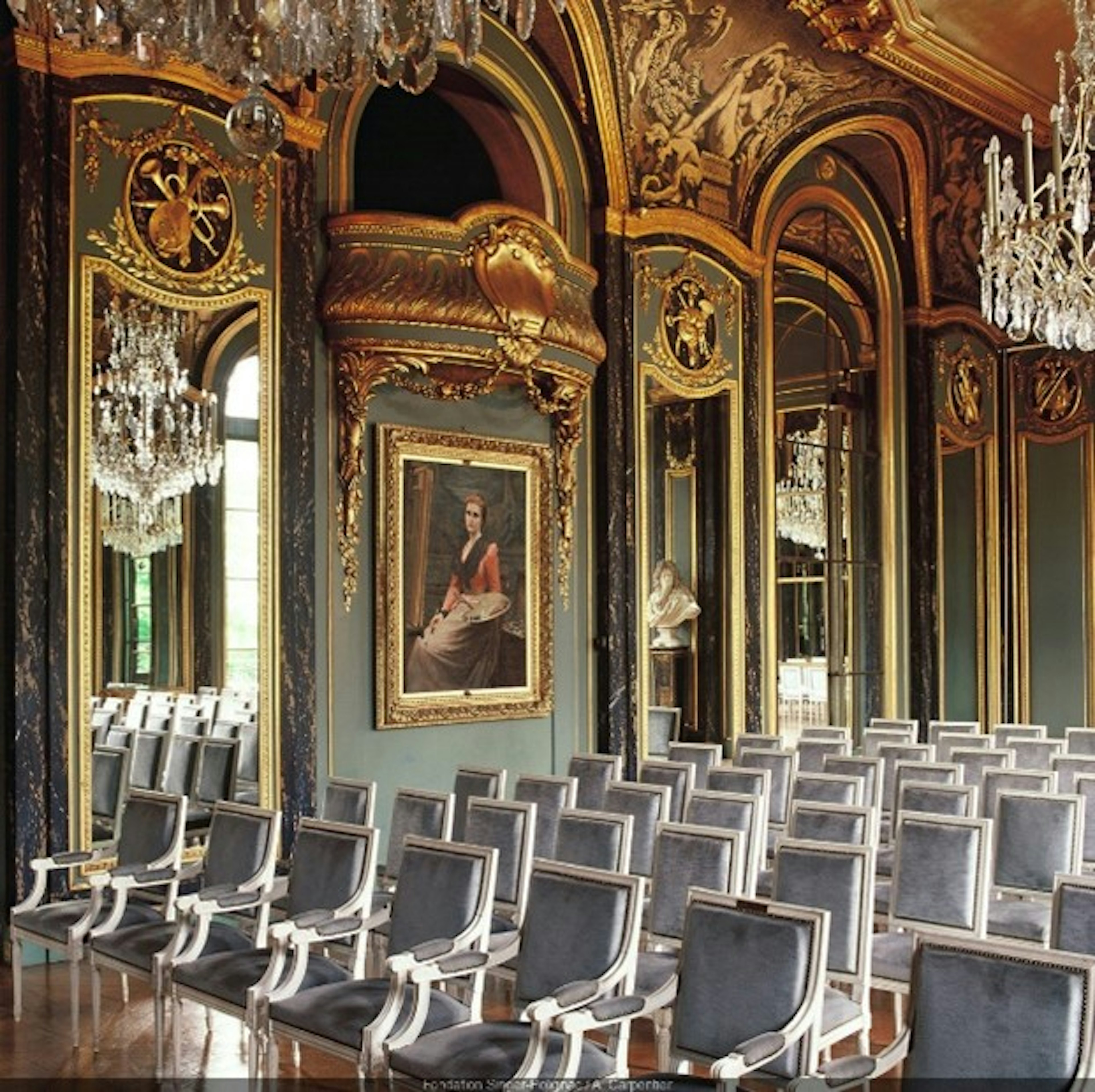art, painting, chandelier, lamp, indoors, person, room, waiting room, chair, furniture