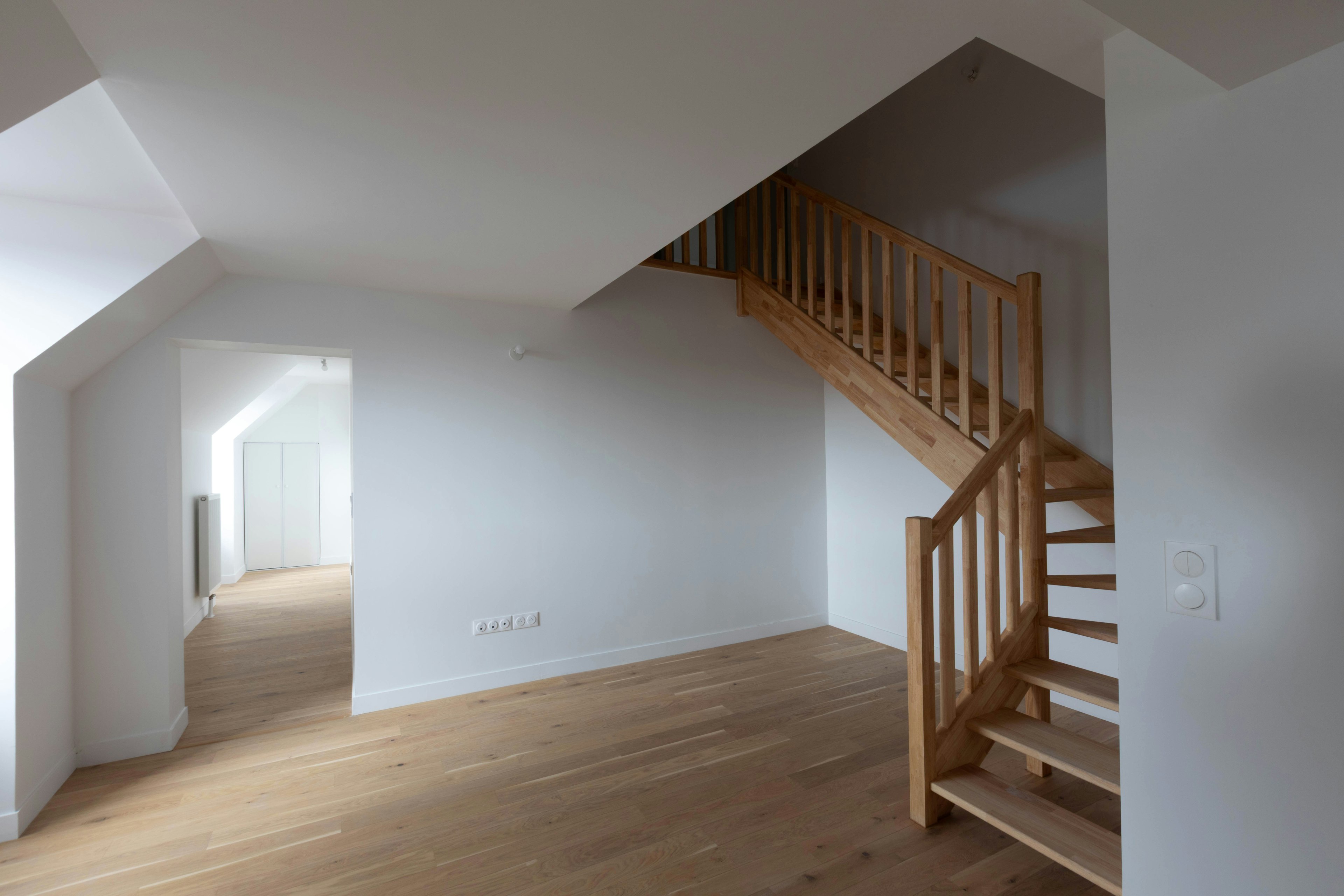 building, house, housing, staircase, indoors, loft, room, interior design, wood, flooring