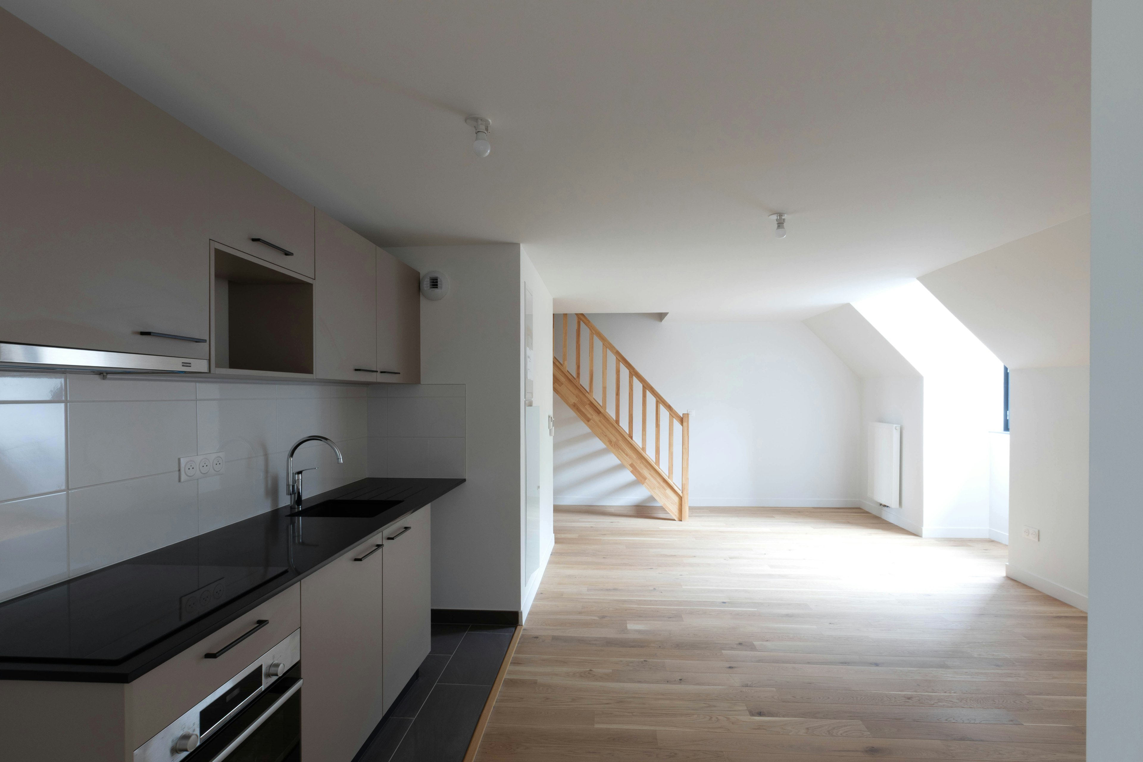 indoors, interior design, house, housing, loft, staircase, kitchen, sink, penthouse, sink faucet