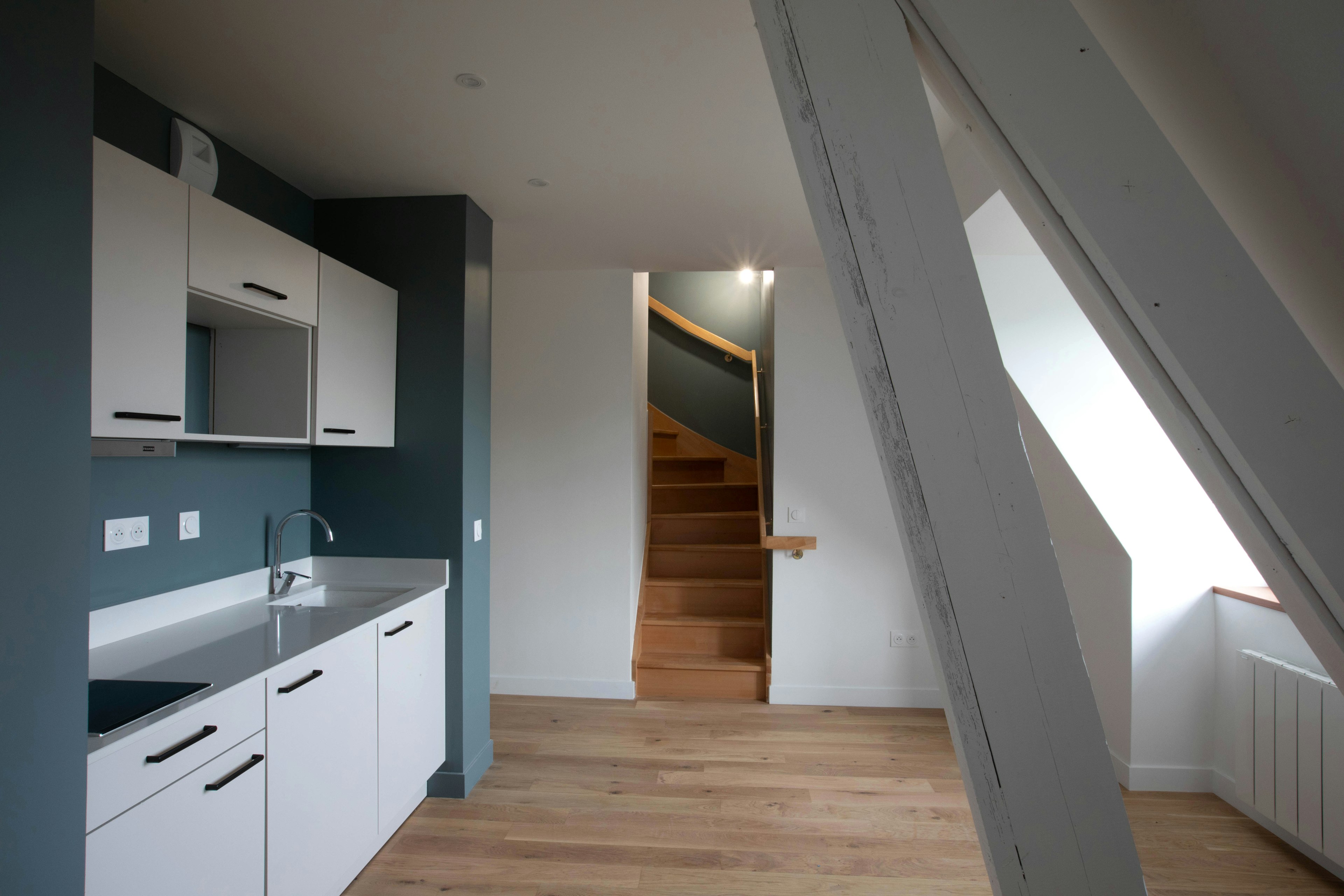 indoors, interior design, building, house, housing, loft, room, staircase, sink faucet, wood