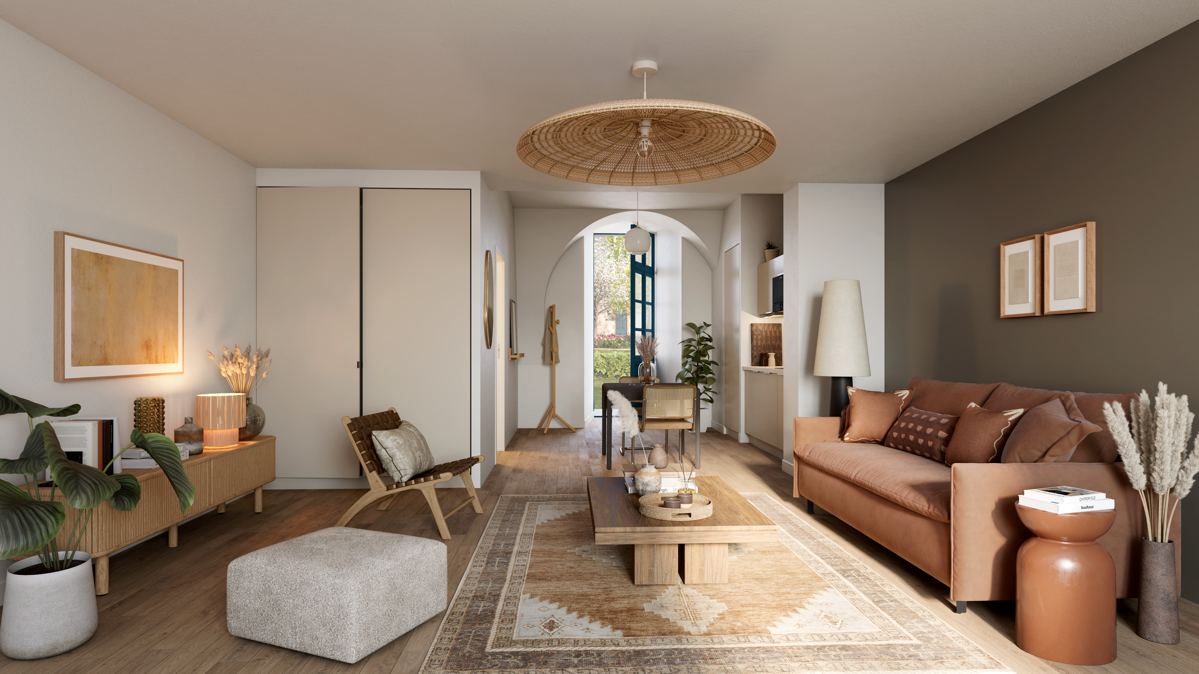 home decor, furniture, living room, corner, table, chair, plant, rug, couch, lamp