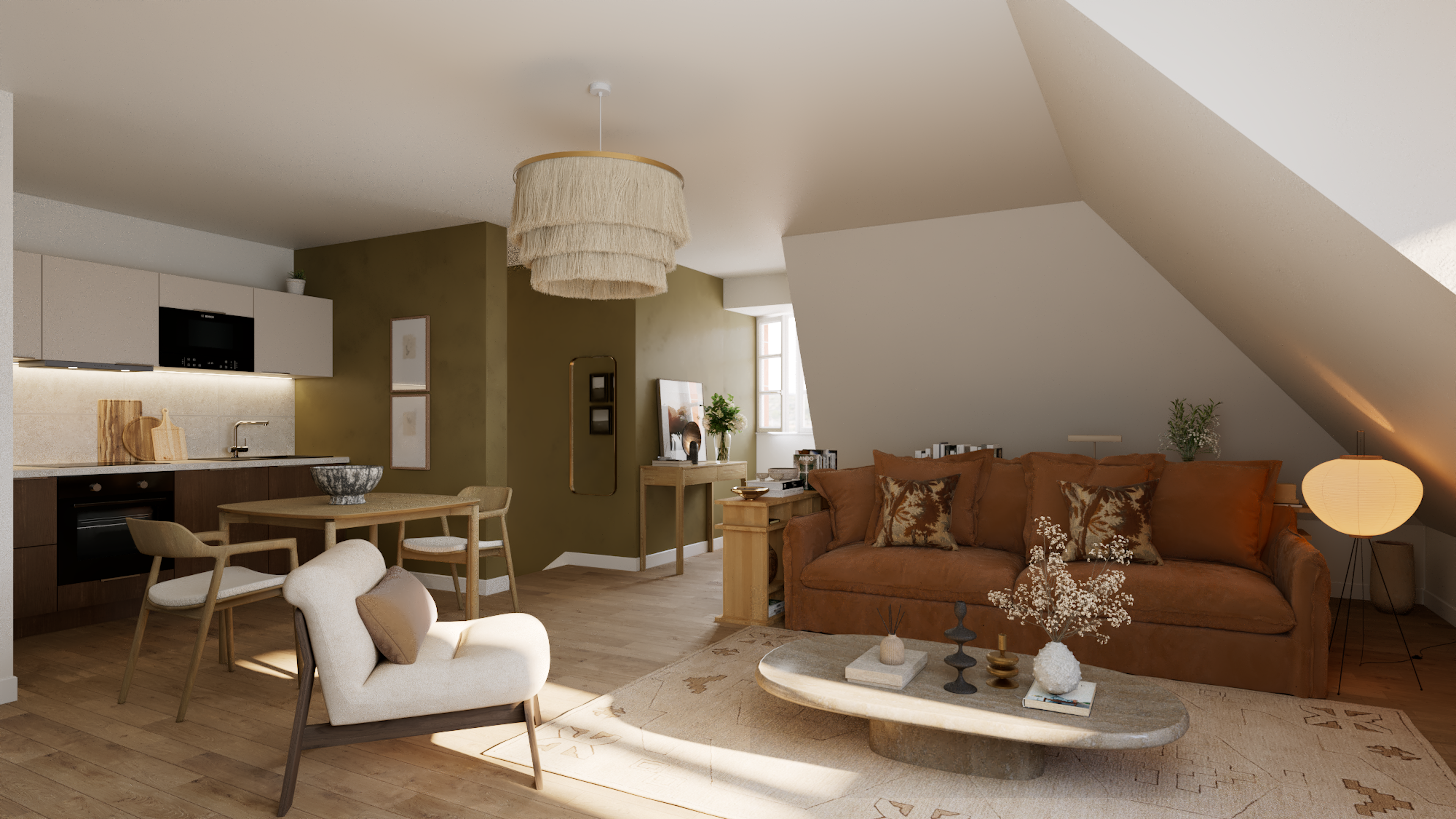 indoors, living room, home decor, couch, loft, table, desk, plant, chair, chandelier