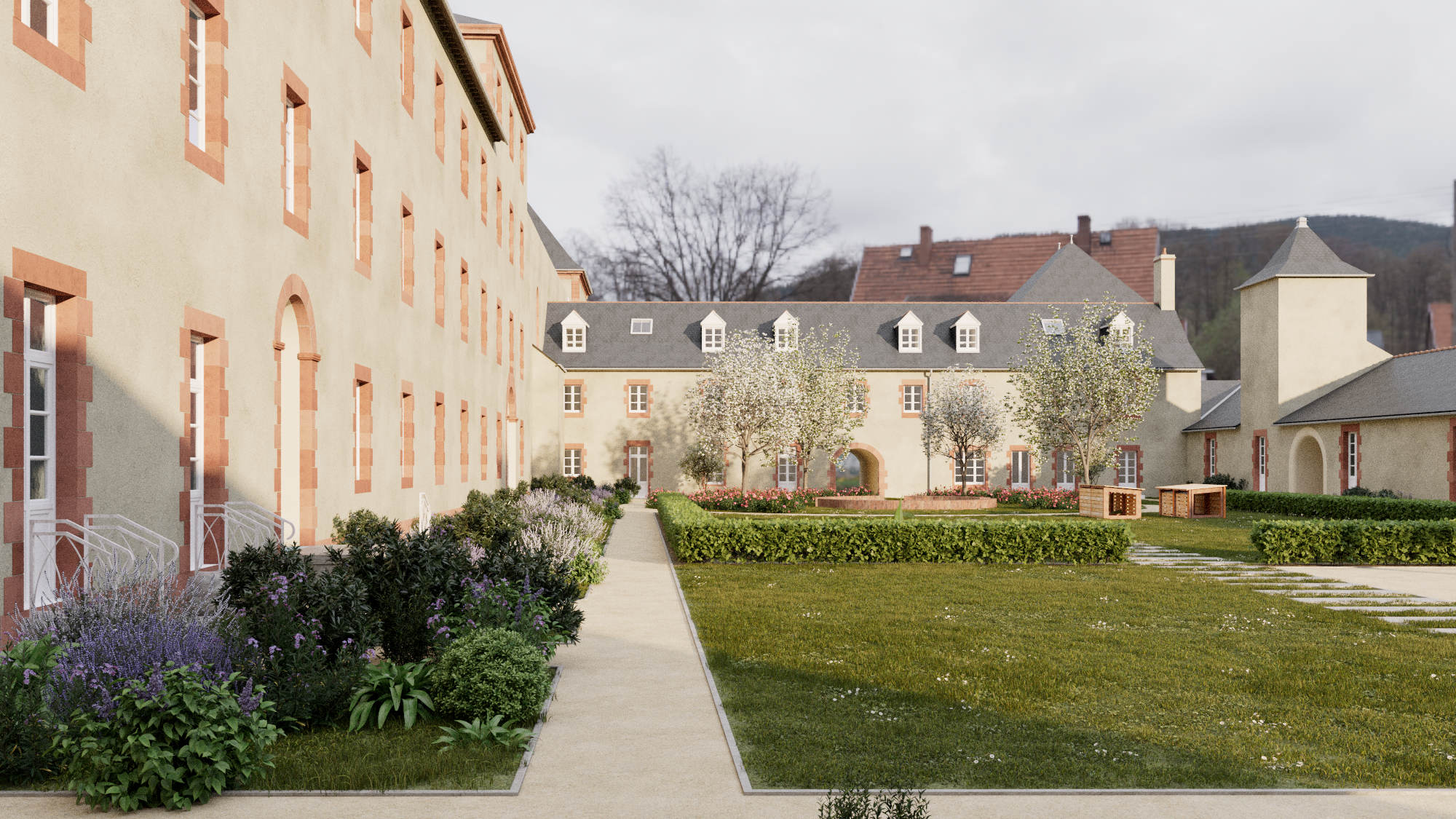 neighborhood, city, suburb, grass, plant, urban, street, condo, housing, bench