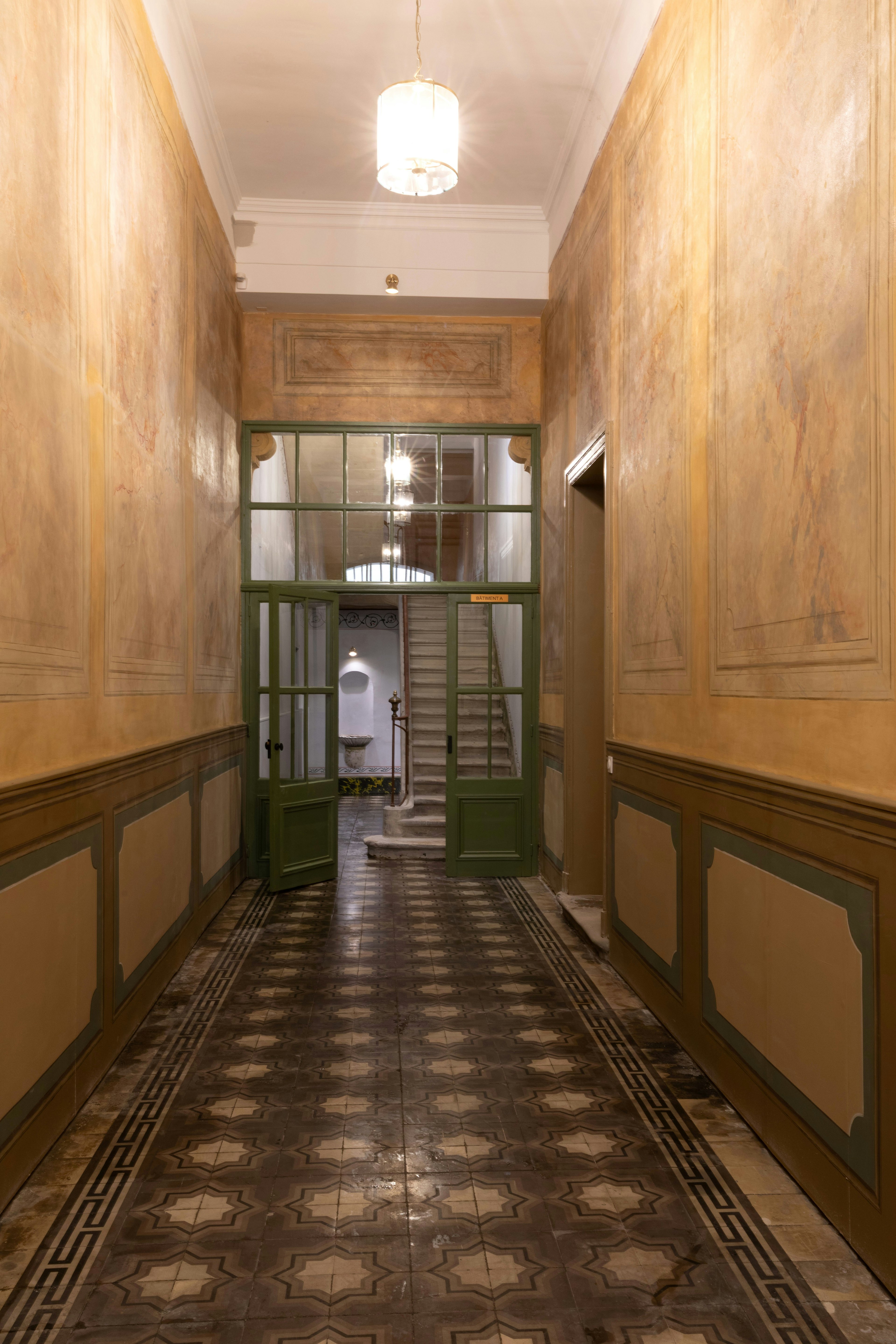 floor, flooring, lamp, indoors, architecture, building, corridor, interior design