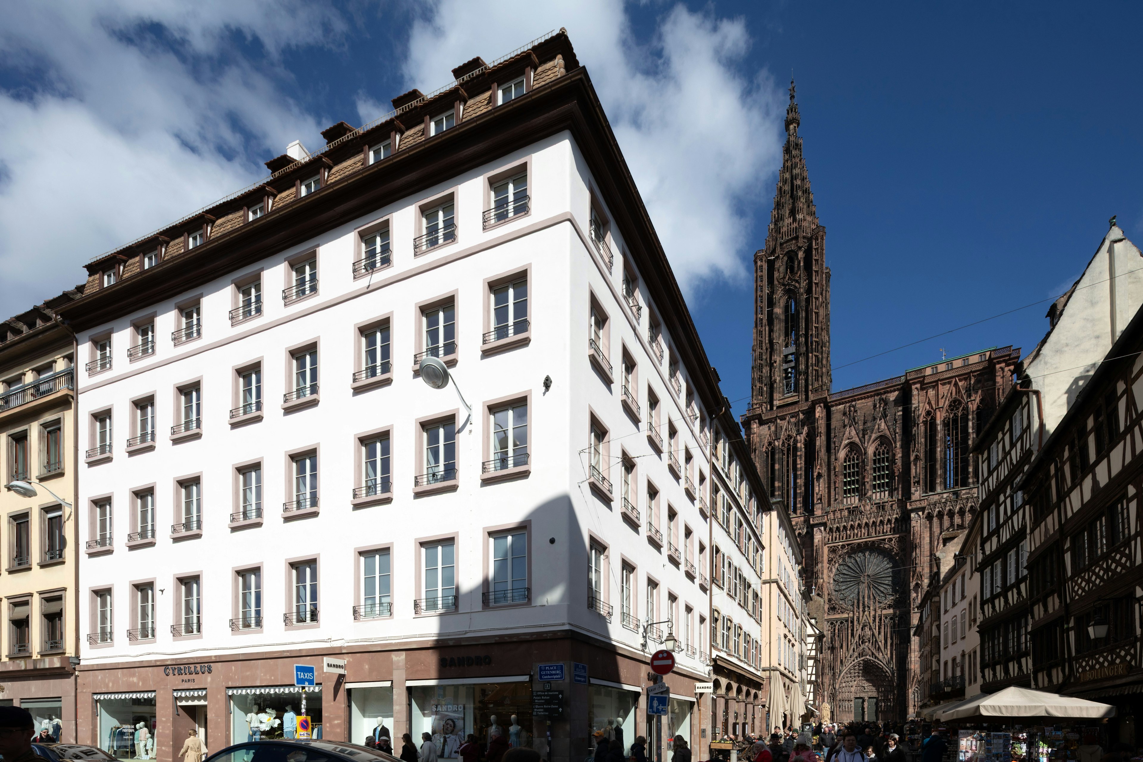 city, street, urban, metropolis, clock tower, neighborhood, spire, car, person, high rise