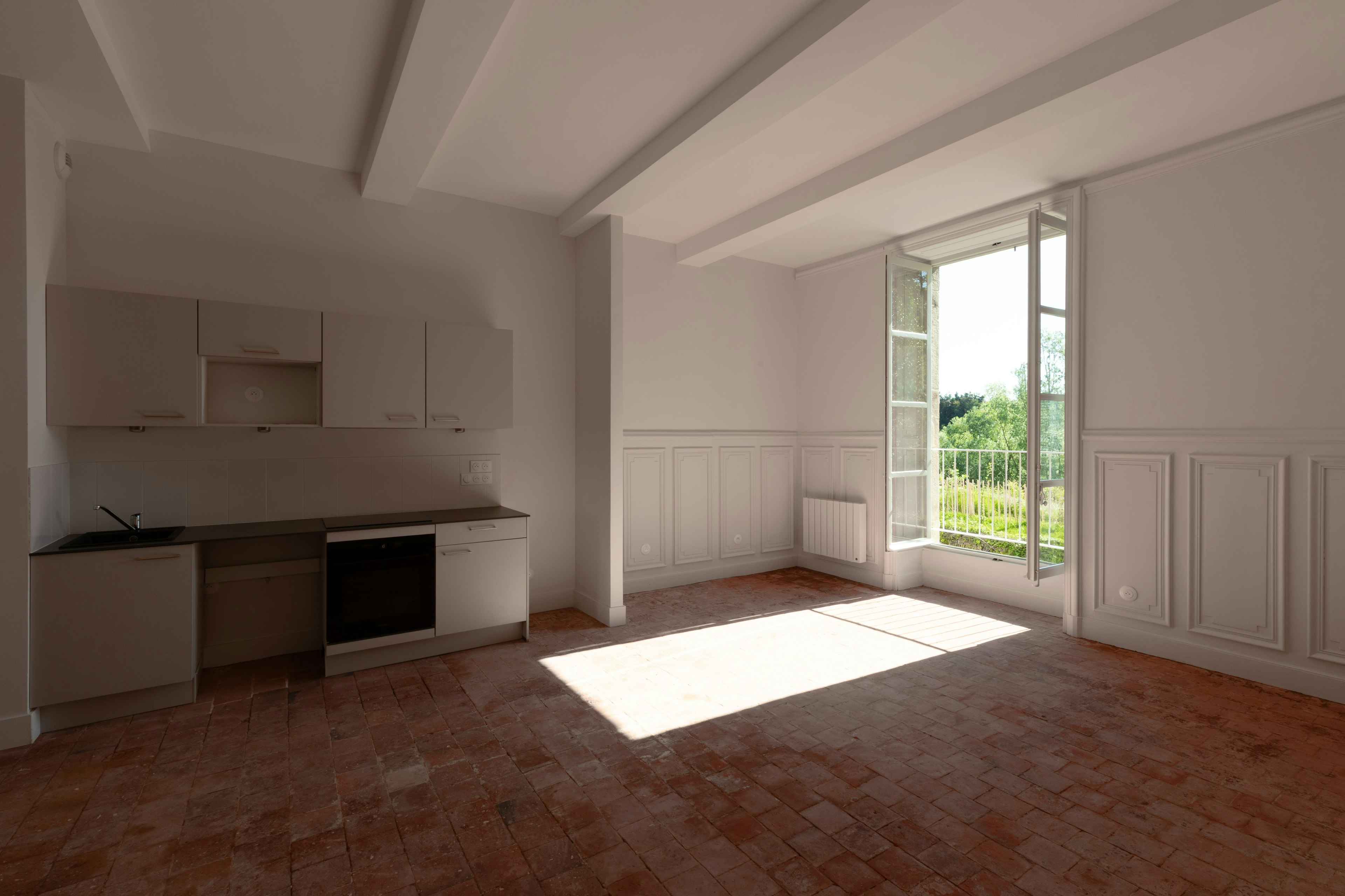 corner, indoors, interior design, floor, flooring, building, house, housing, loft, room