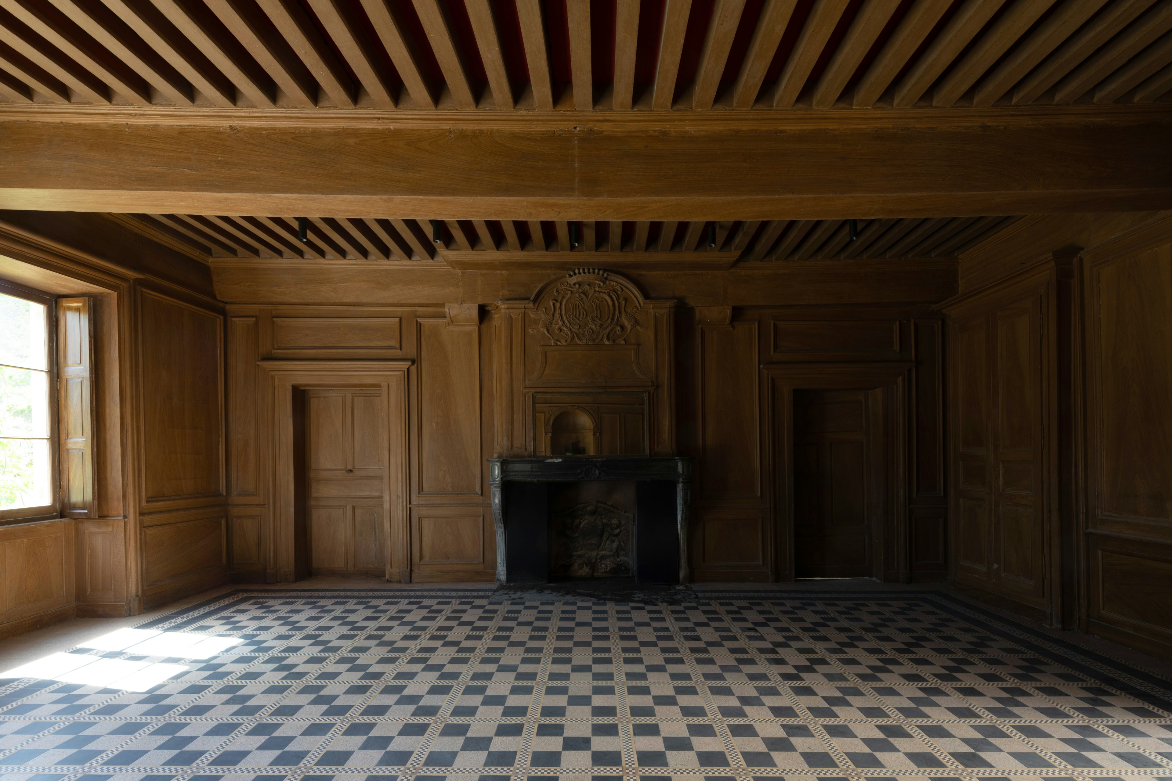 indoors, interior design, floor, fireplace, wood panels, flooring, person