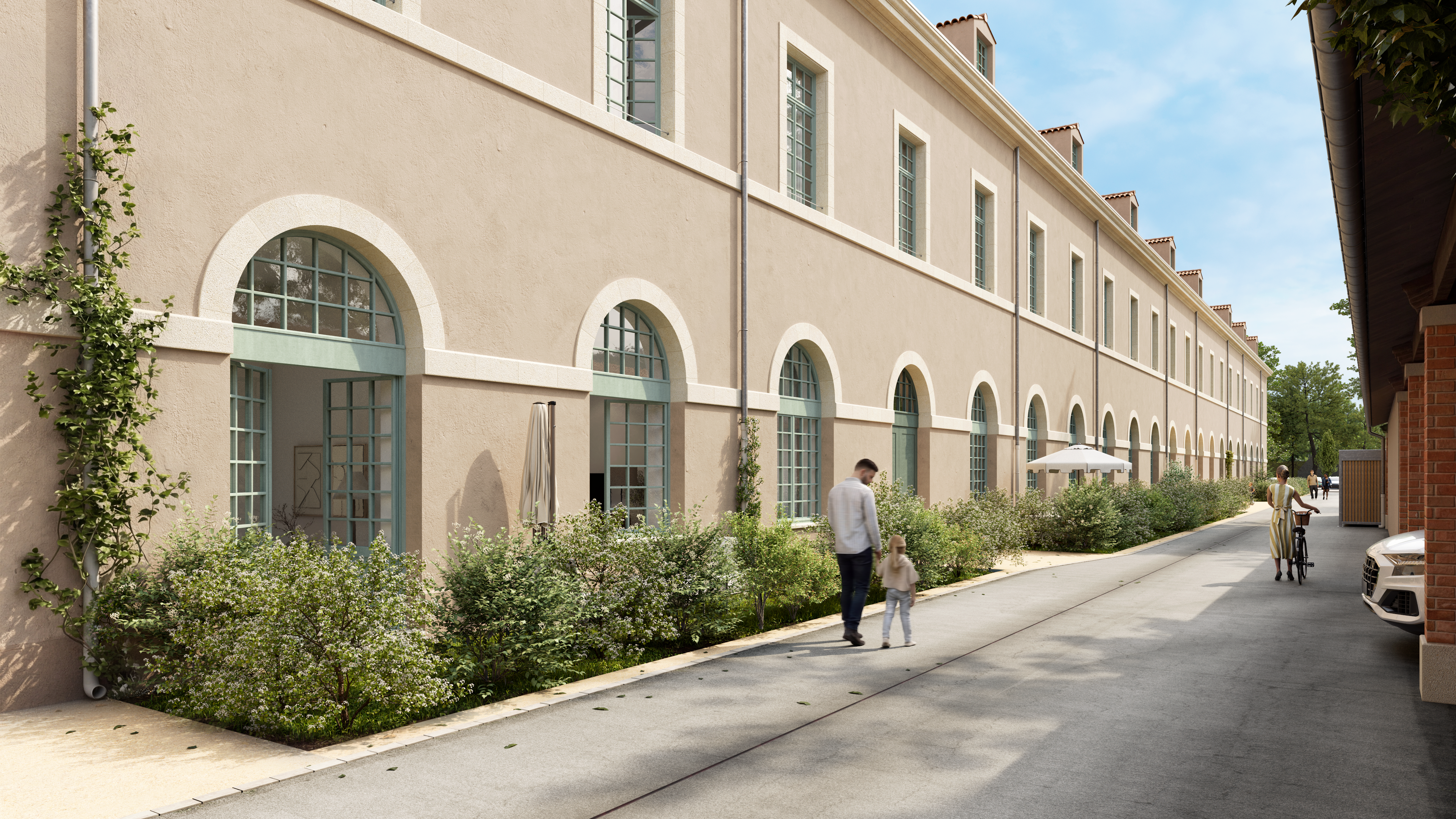 city, street, urban, person, walking, villa, neighborhood, condo, path, car