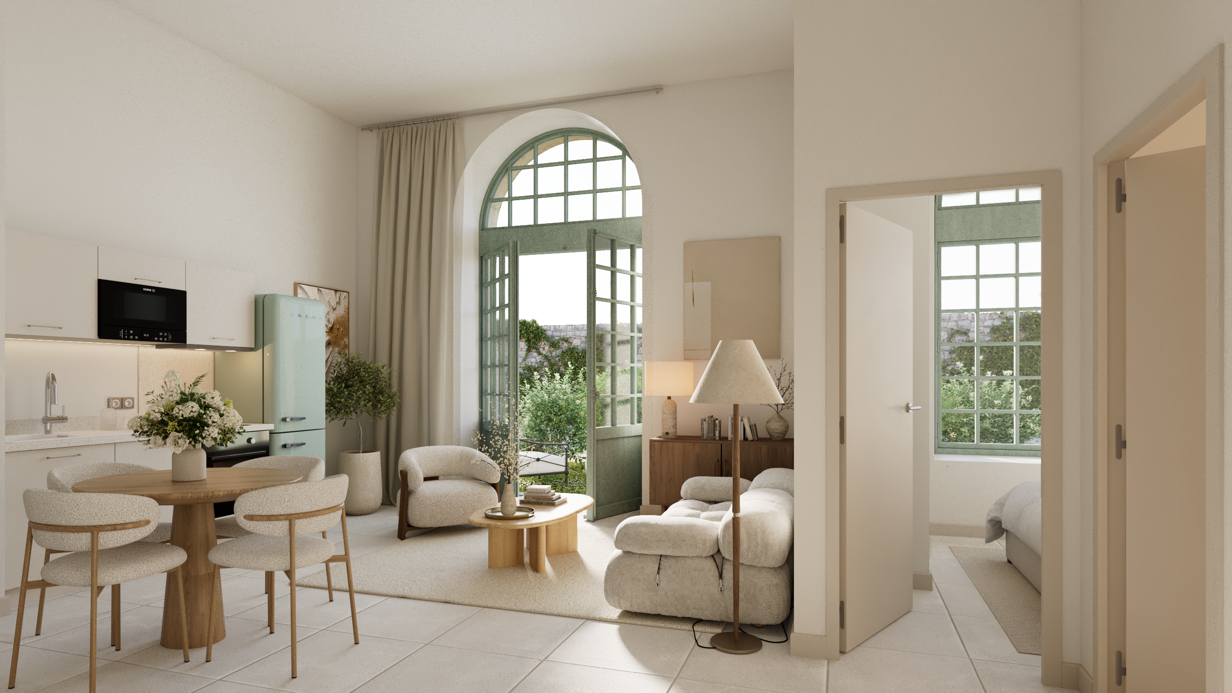 furniture, living room, table, lamp, corner, dining table, plant, home decor, door, dining room