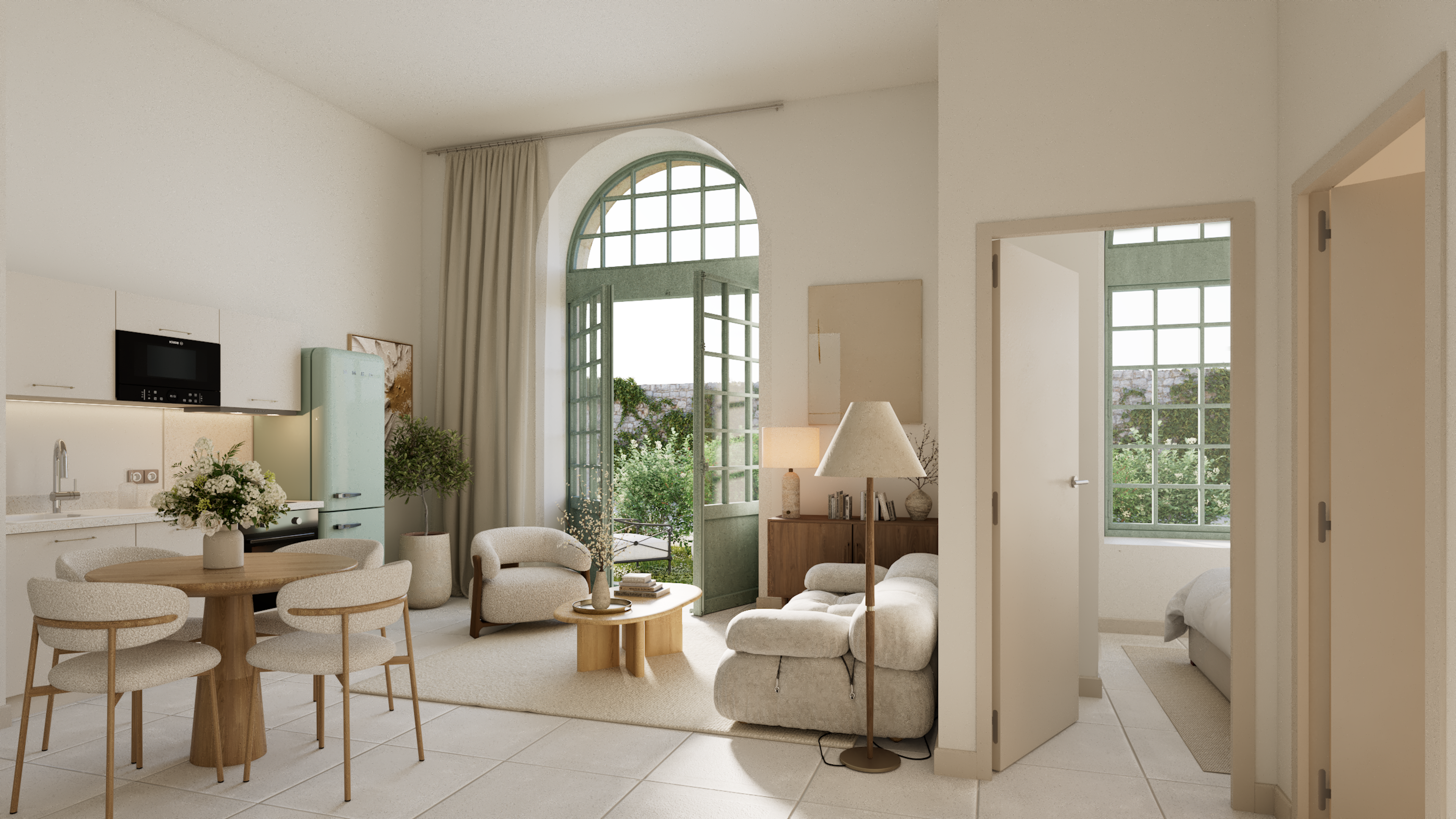 furniture, living room, table, lamp, corner, dining table, plant, home decor, door, dining room