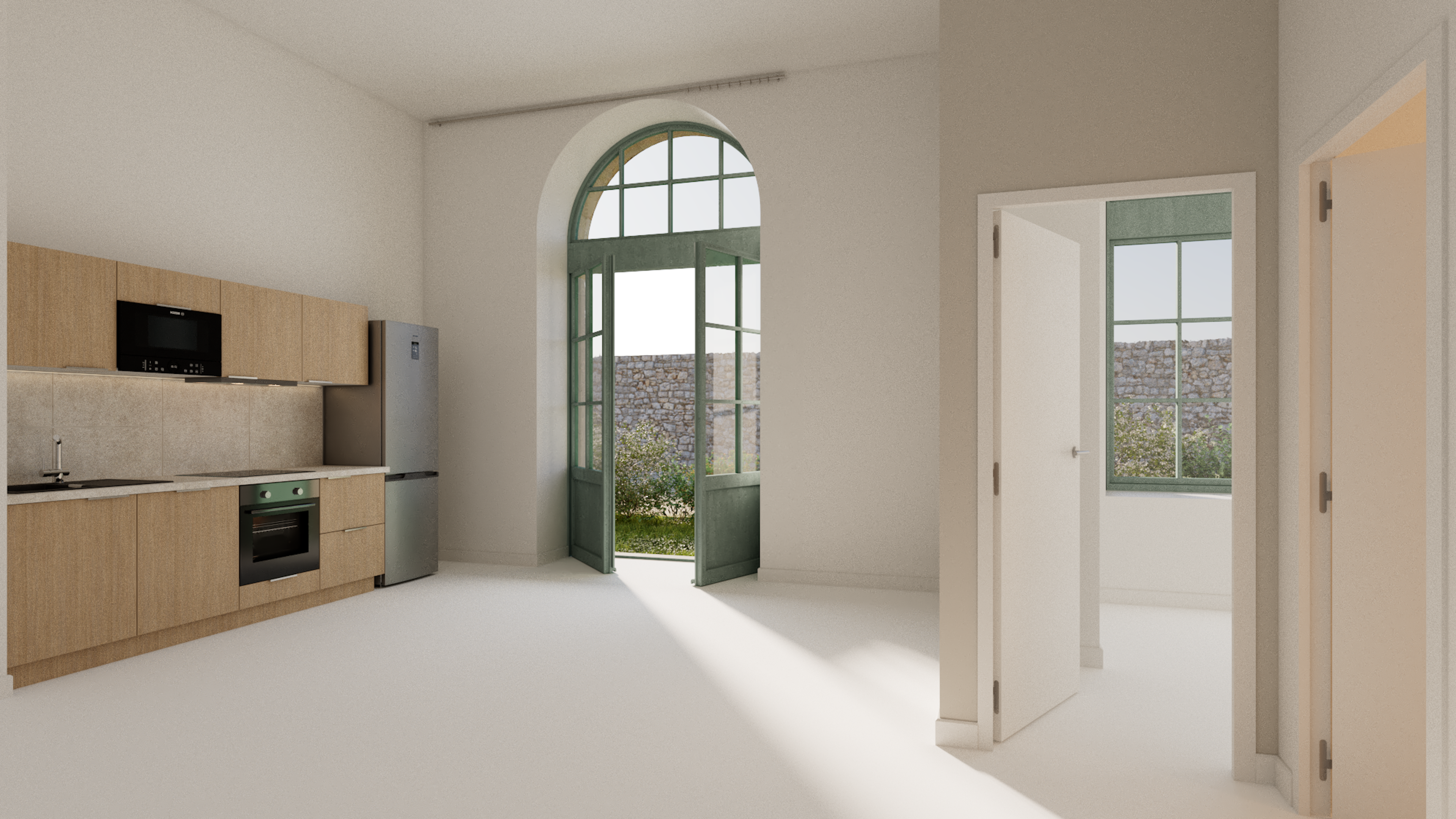corner, door, indoors, interior design, electrical device, refrigerator, housing, kitchen, monitor, house