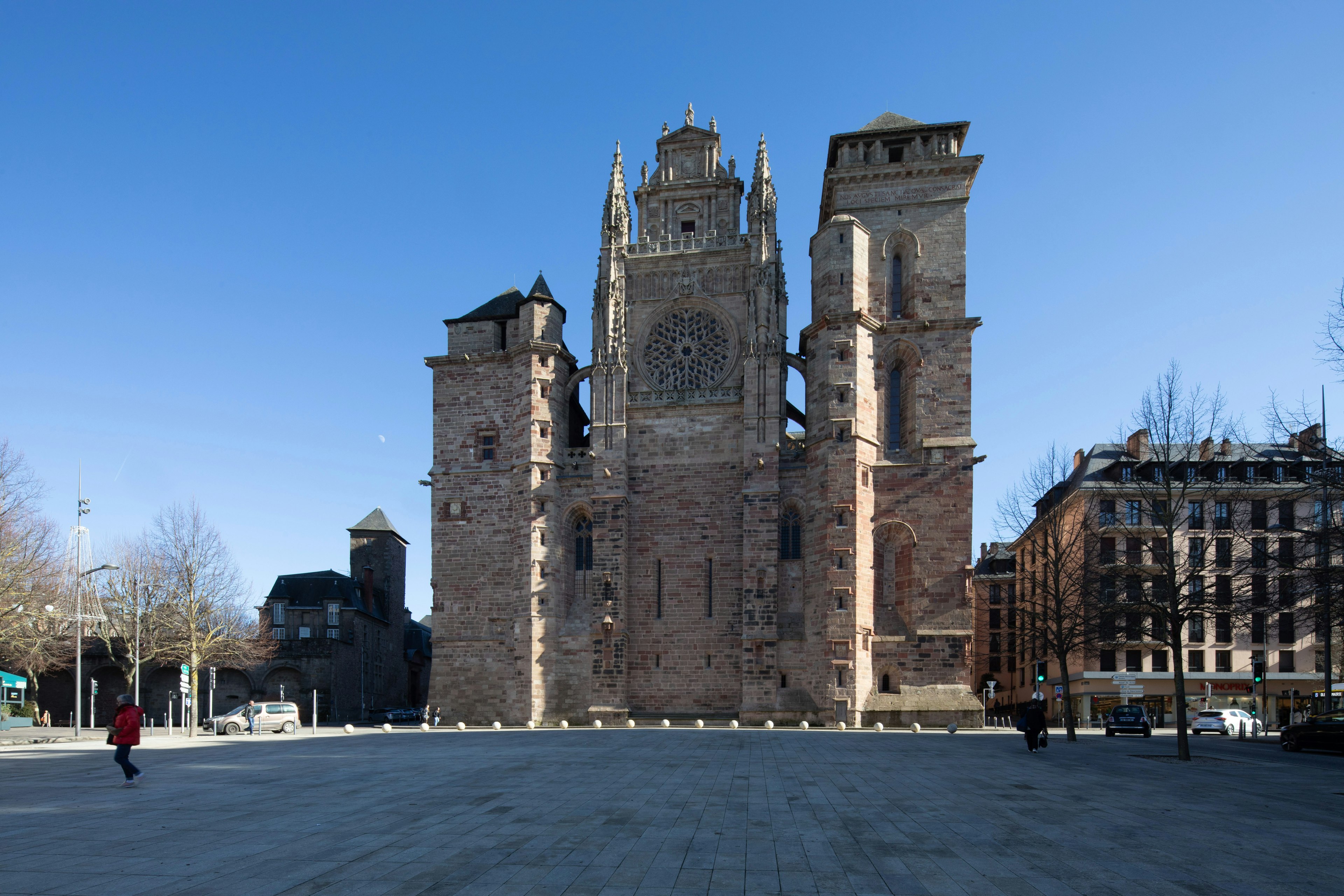 cathedral, city, arch, bell tower, gothic arch, person, car, clock tower, street, urban