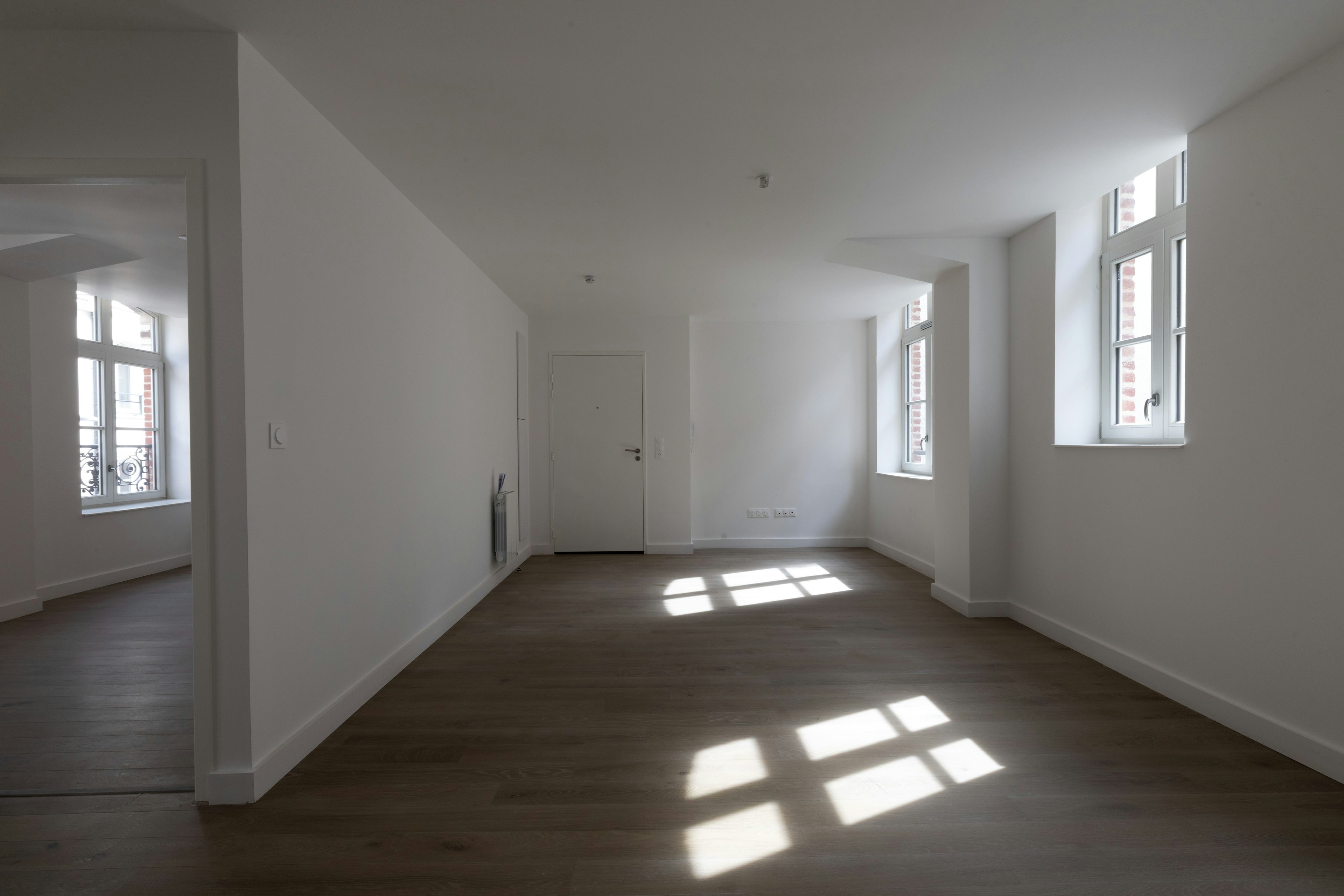 floor, flooring, indoors, architecture, building, corridor, corner, housing, loft, room