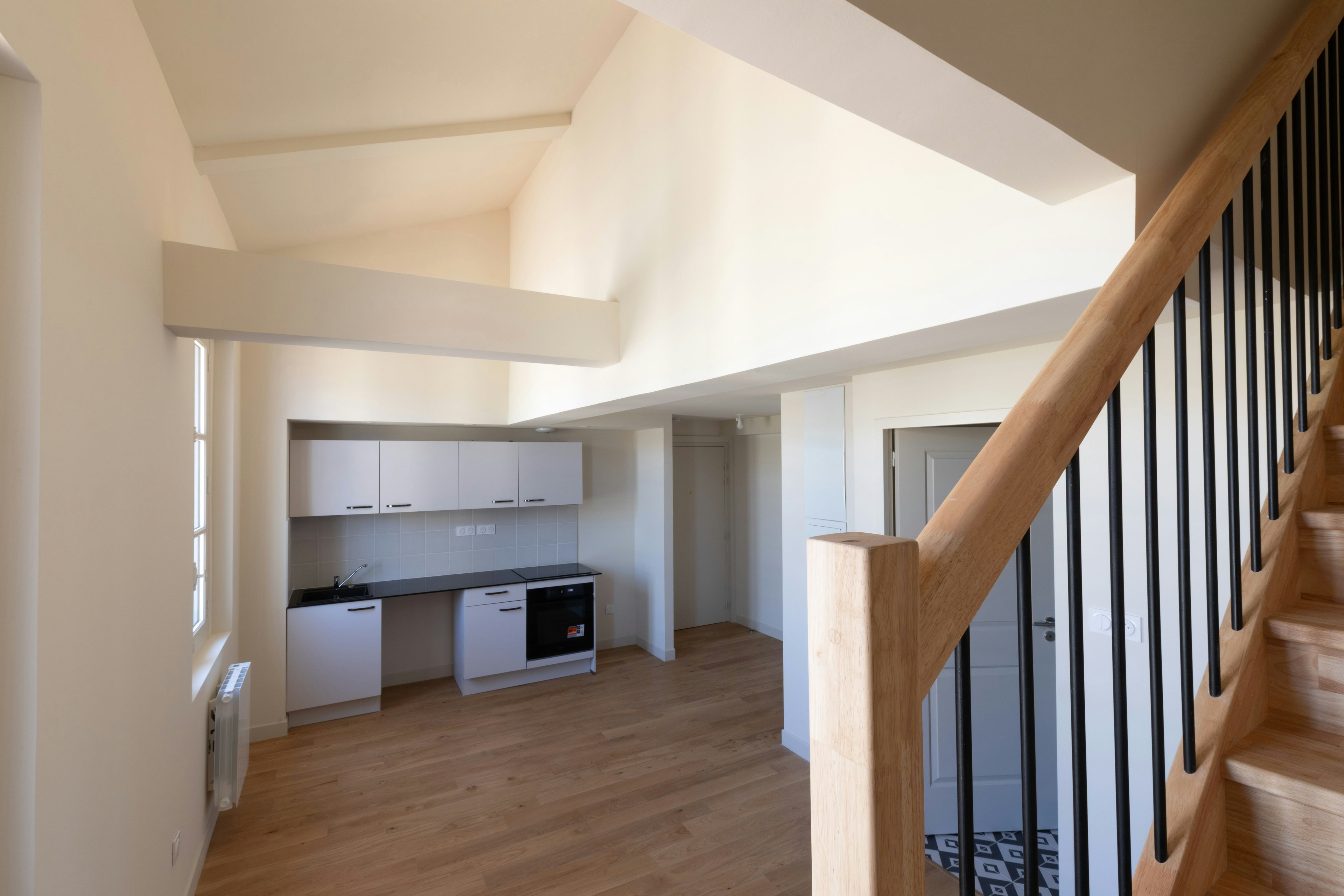 house, housing, staircase, indoors, interior design, loft, room, living room, flooring, wood