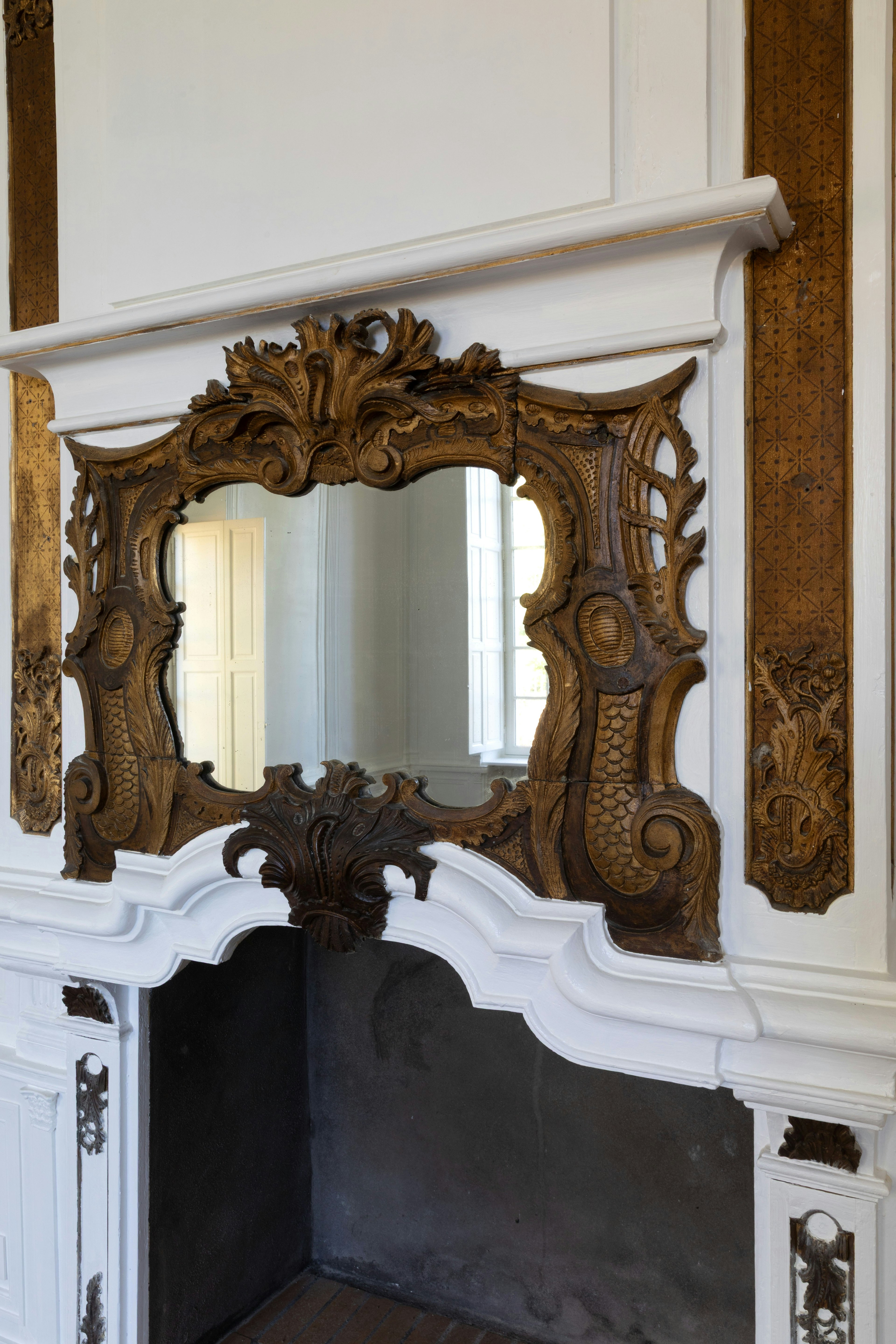 wood, fireplace, indoors, mirror