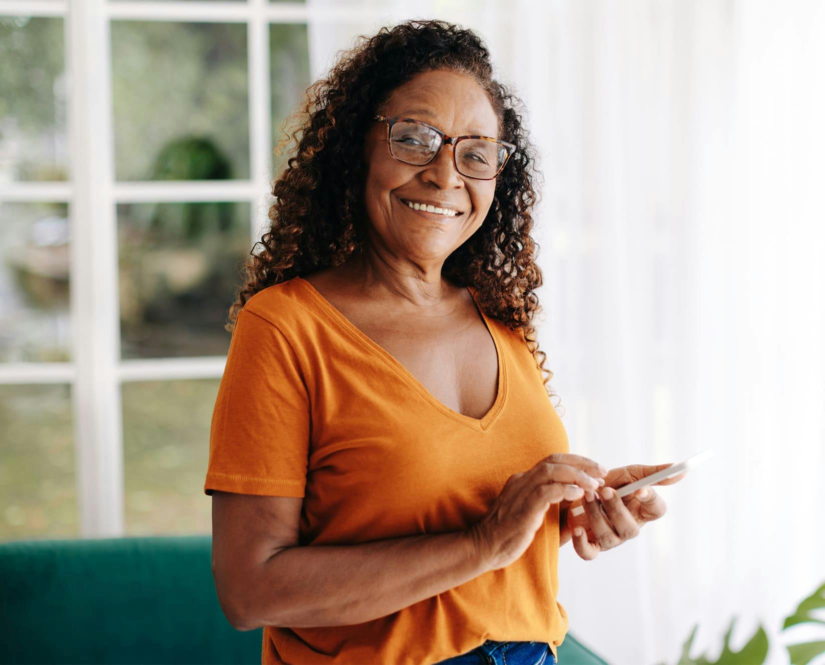 woman in an orange shirt