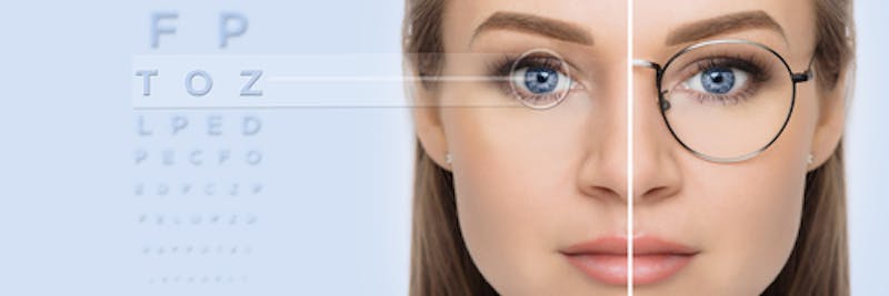 diagram of a woman with and without glasses