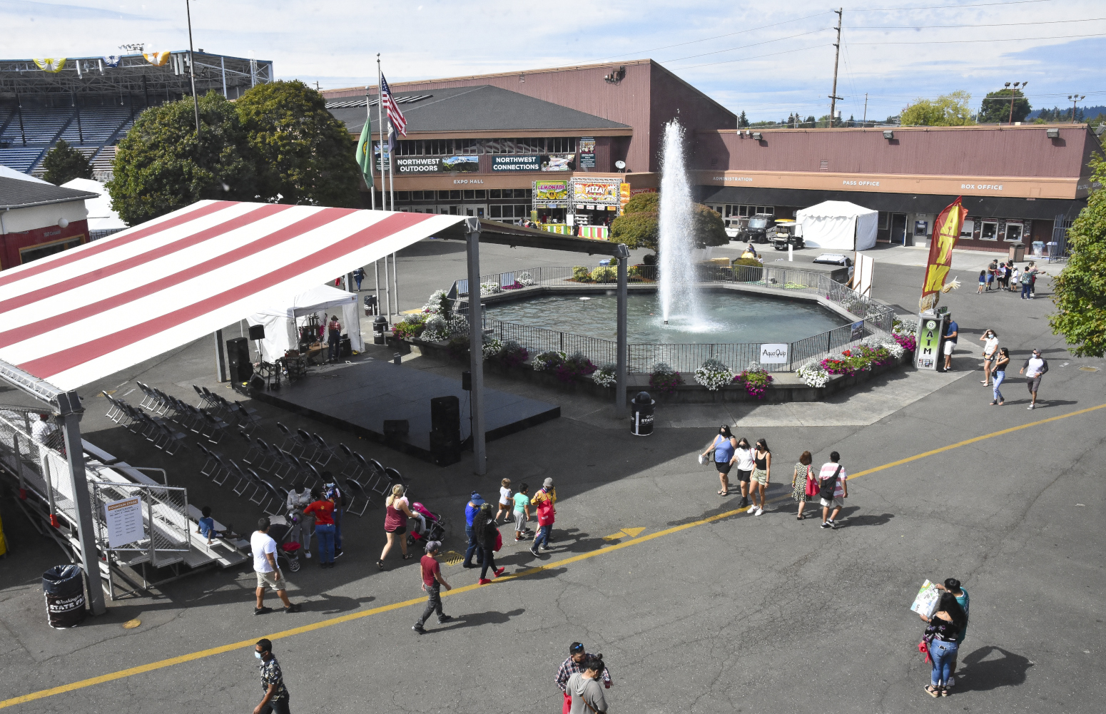 A shaded music stage in Fountain plaza on a sunny day.