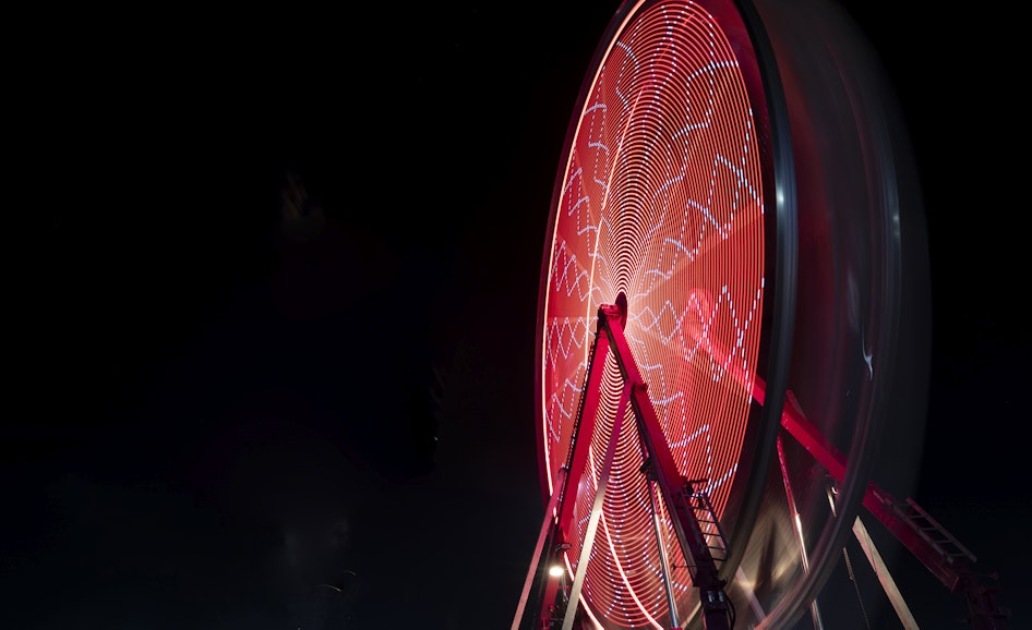 The Wonder wheel ride at night with red lights