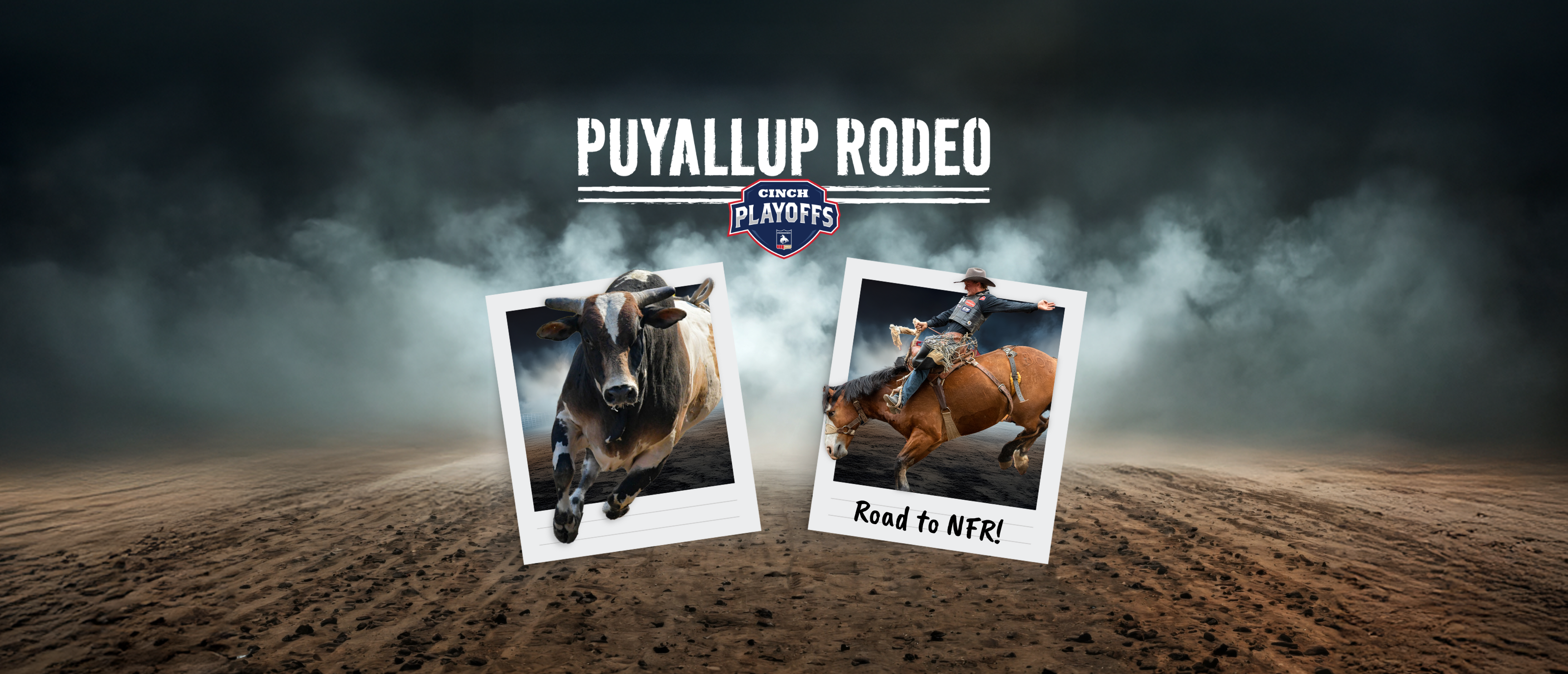 Polaroids of rodeo activities alternate over a dusty arena graphic