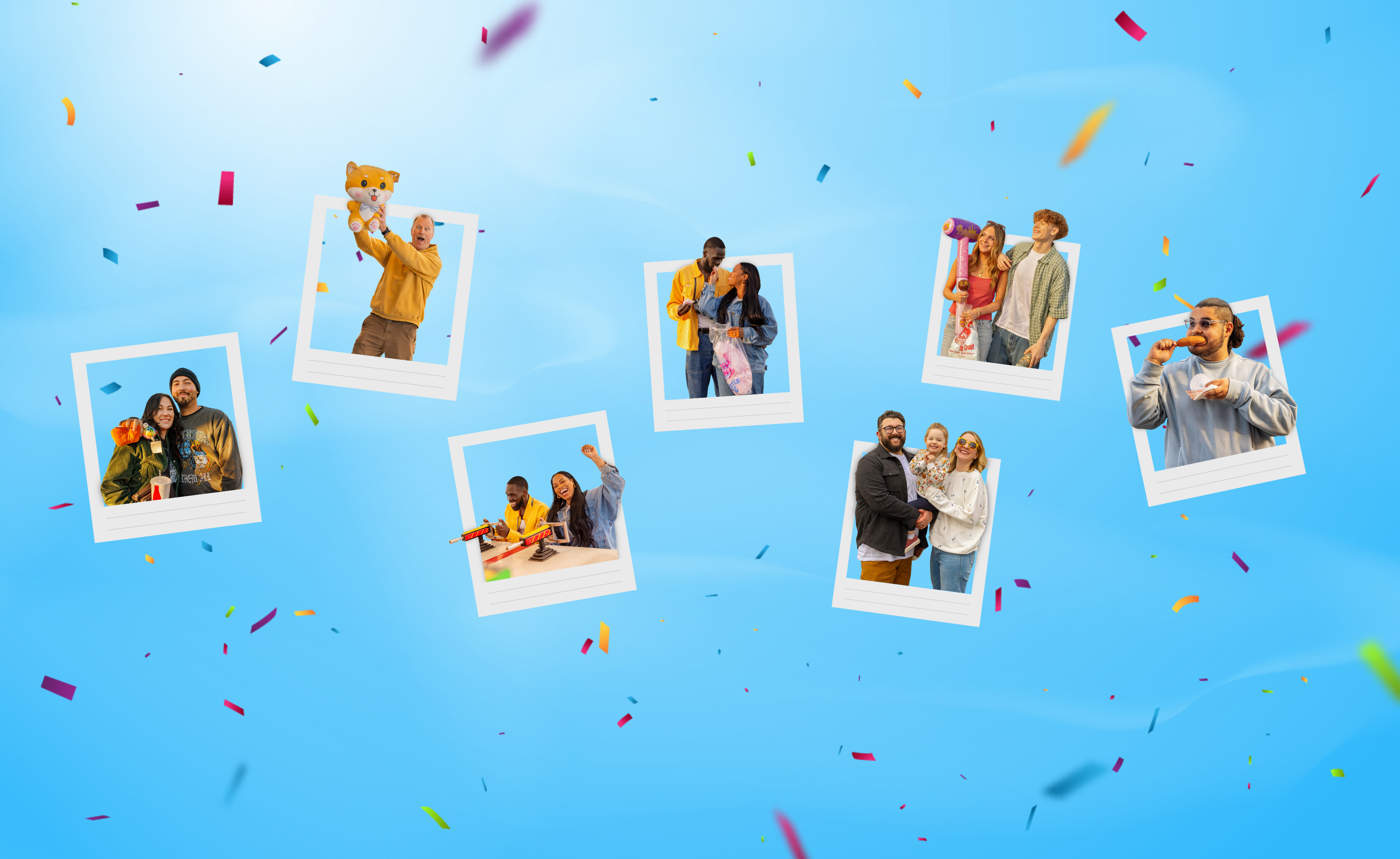 A blue sky background with confetti and polaroids all over it depicting fair fun.