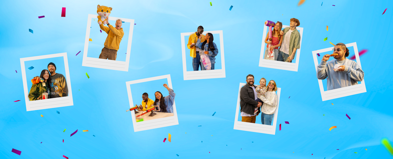A blue sky background with confetti and polaroids all over it depicting fair fun.