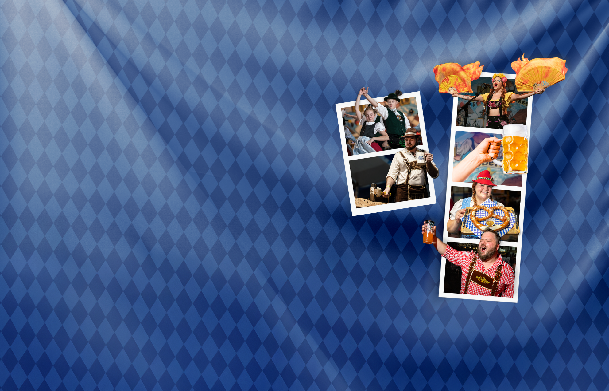 Blue diamond pattern background with photo strips of people enjoying Oktoberfest Northwest.