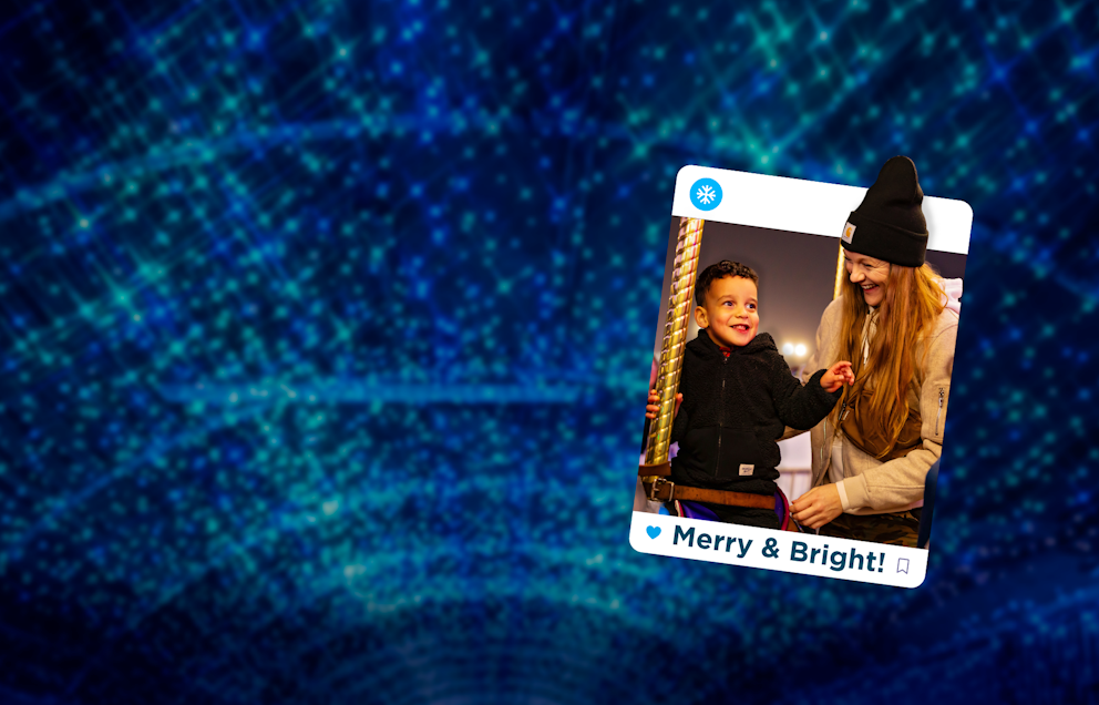 Light background with polaroid cut out of mother and son at Holiday Magic